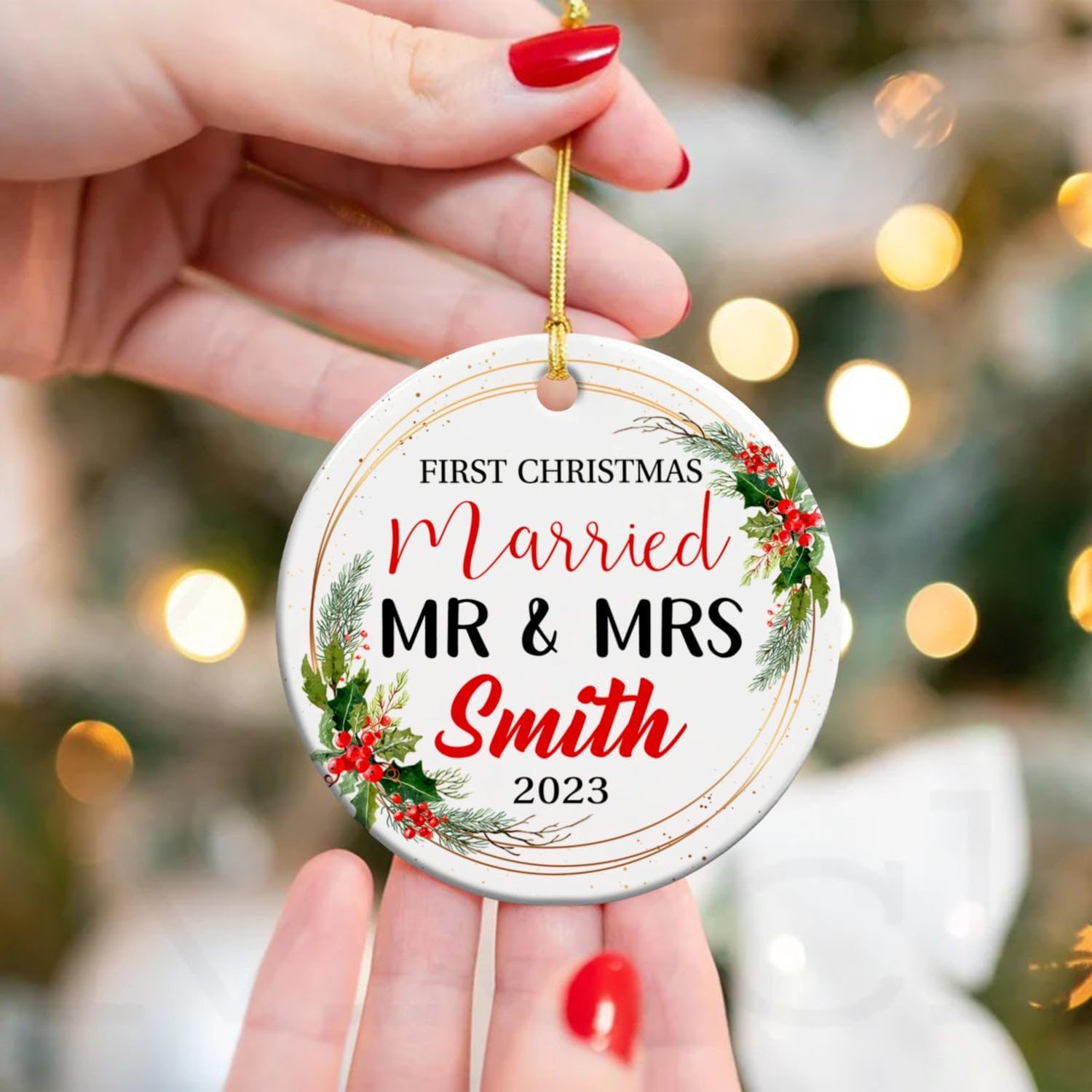 Adorno personalizado de cerámica para casados para la primera Navidad 2023, adorno de cerámica de Navidad personalizado para parejas recién casadas,