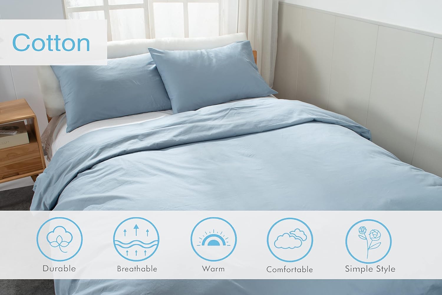 Bedding Duvet Cover Set 100% Cotton Queen Size Breathable Durable Soft Comfy 3 PCS Comforter Cover Set with 1 Duvet Cover(90″x90″) and 2 Pillow