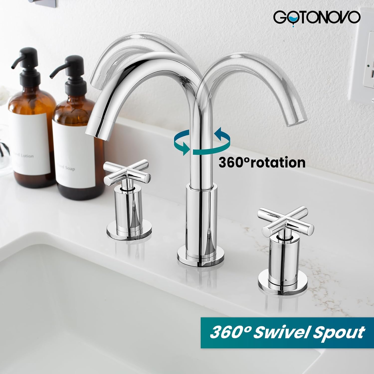 gotonovo Grifo de baño de 3 agujeros, grifo mezclador de doble mango cruzado para fregadero de baño, montaje en cubierta de agua fría caliente,