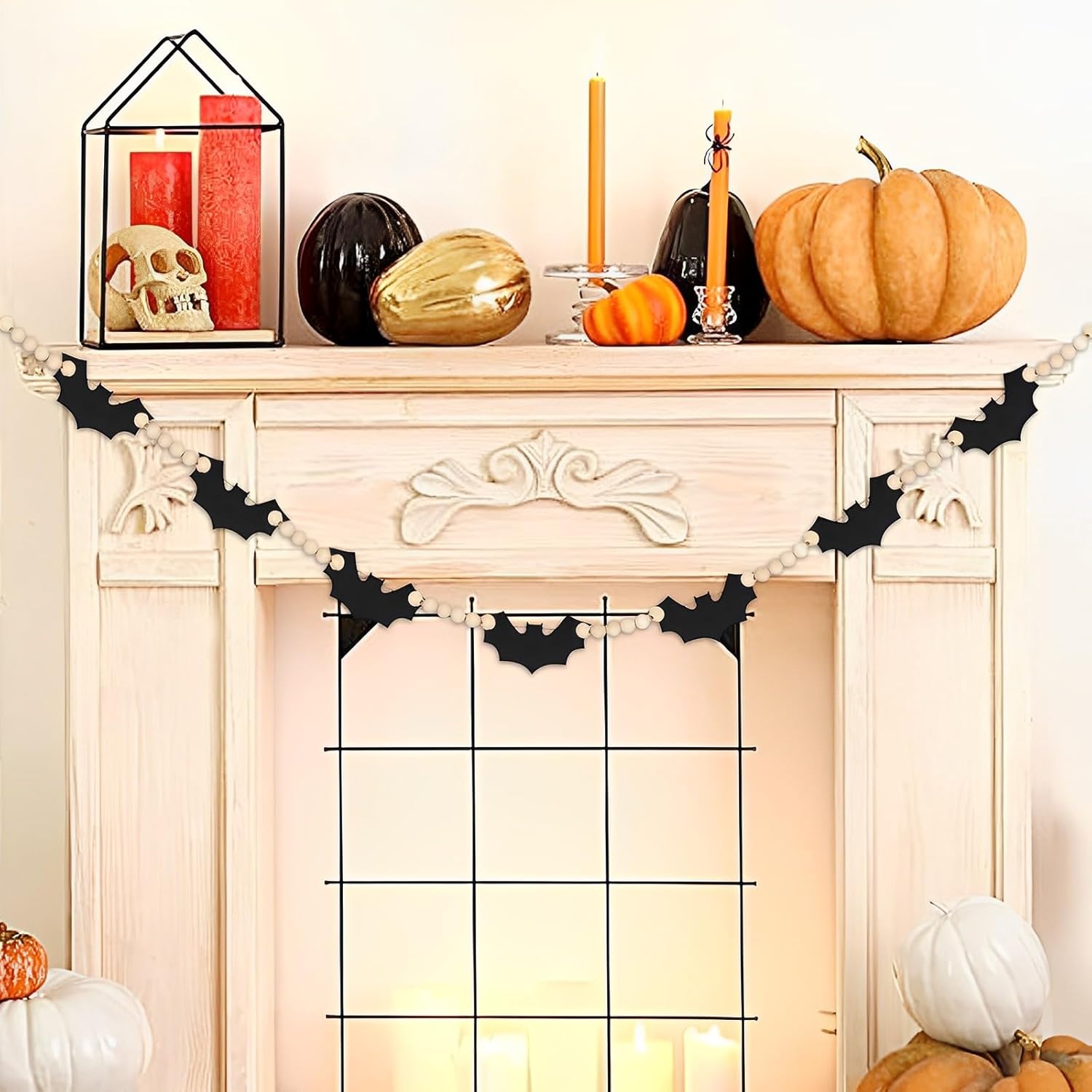 Guirnalda de 2 piezas de Halloween, madera de Halloween, murciélagos de fieltro de Halloween, guirnalda de cuentas para decoración de Halloween,