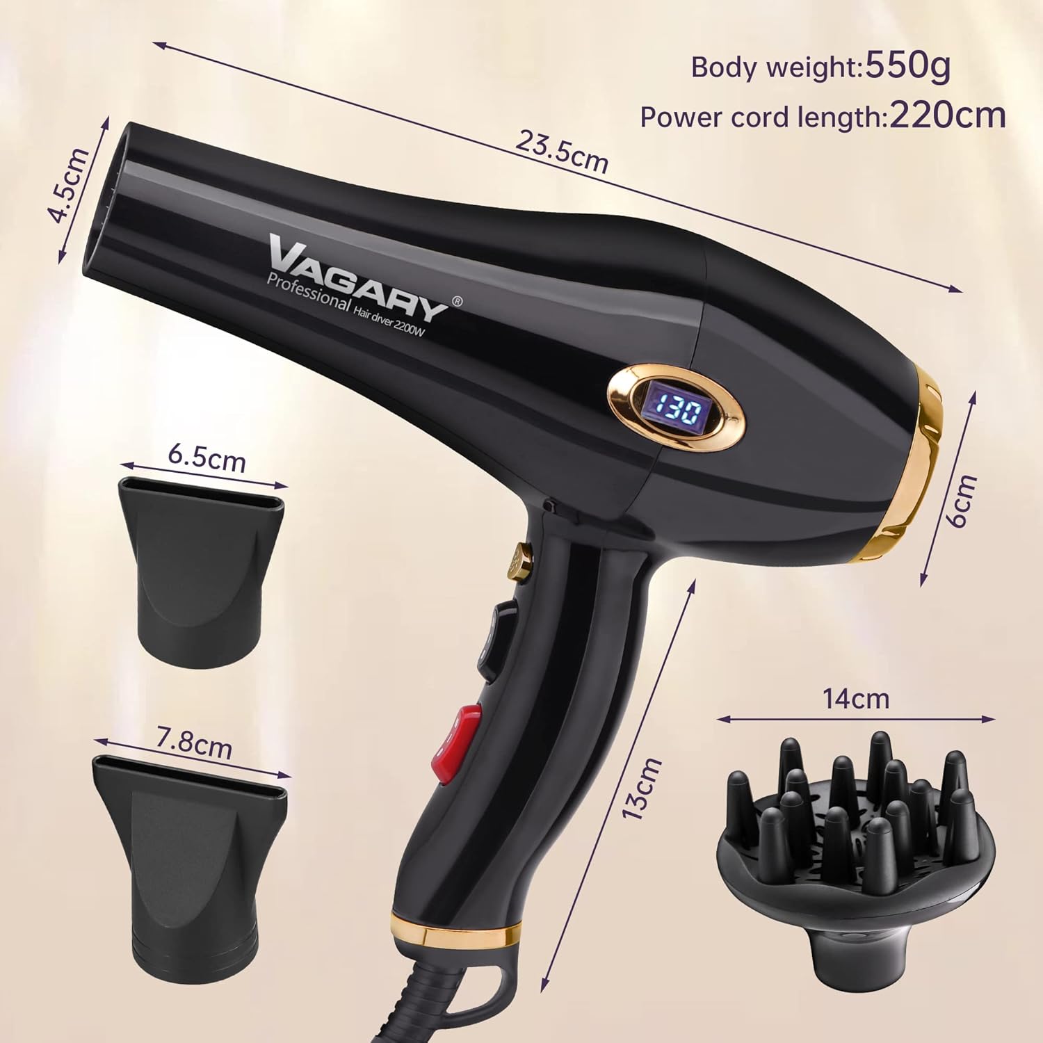 VAGARY 6685G Secador de pelo profesional de salón de 2200 W con pantalla Icd, secador de soplado iónico negativo, potente secadora de aire