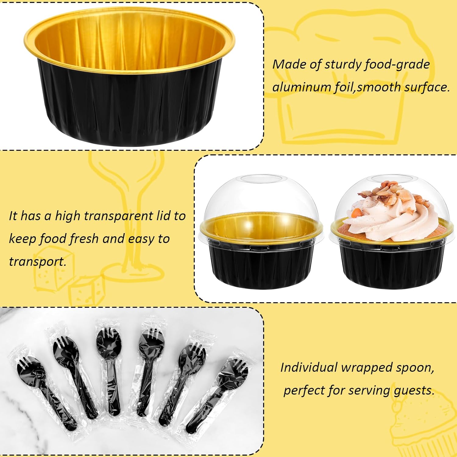 Mini moldes para pasteles con tapas y cucharas (paquete de 100 moldes negros de 5 onzas), moldes desechables redondos  Forros resistentes de