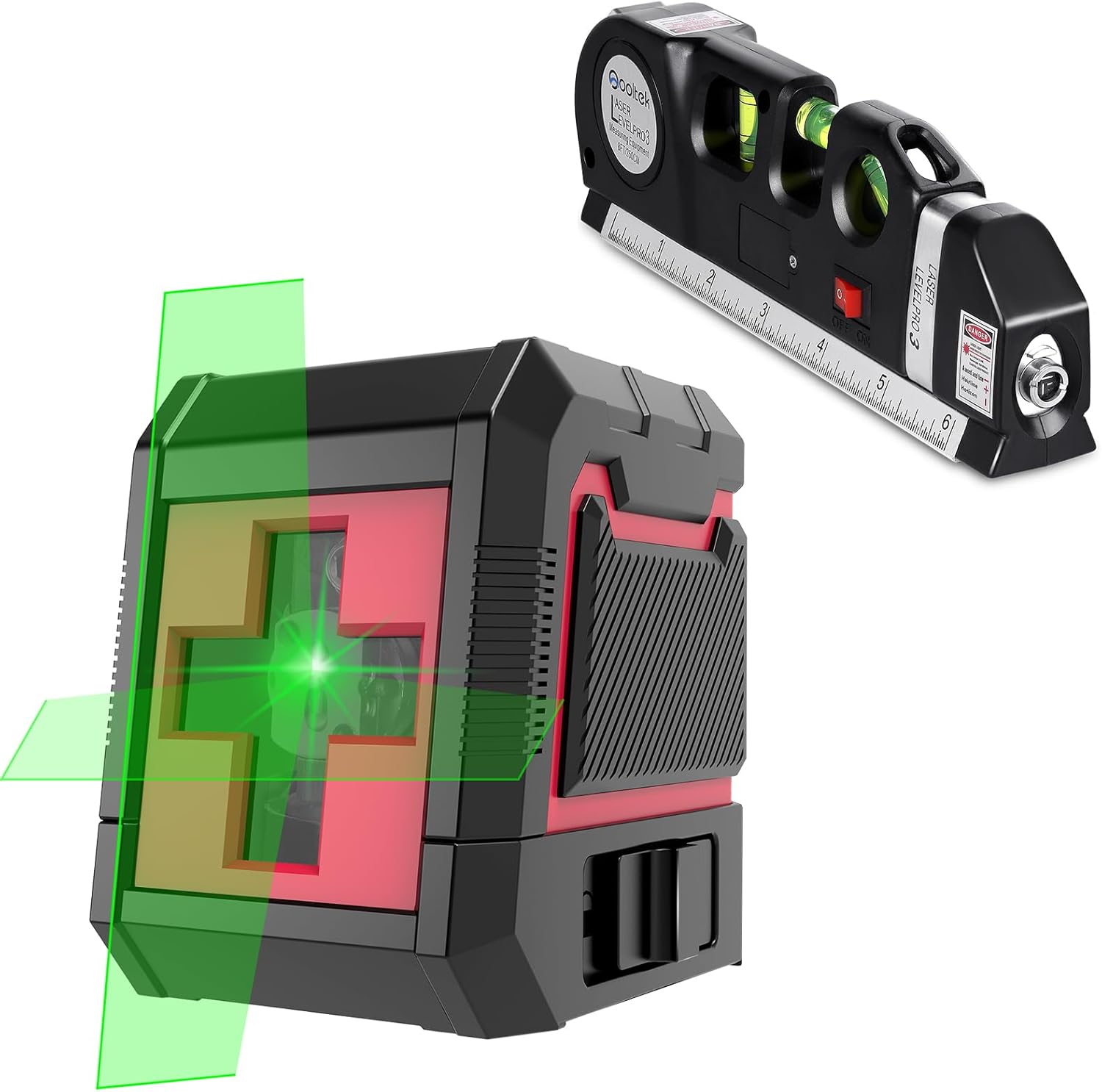 Nivel láser autonivelante, nivel láser Qooltek autonivelante línea de cruz verde y roja, herramienta láser de alineación para colgar imágenes y