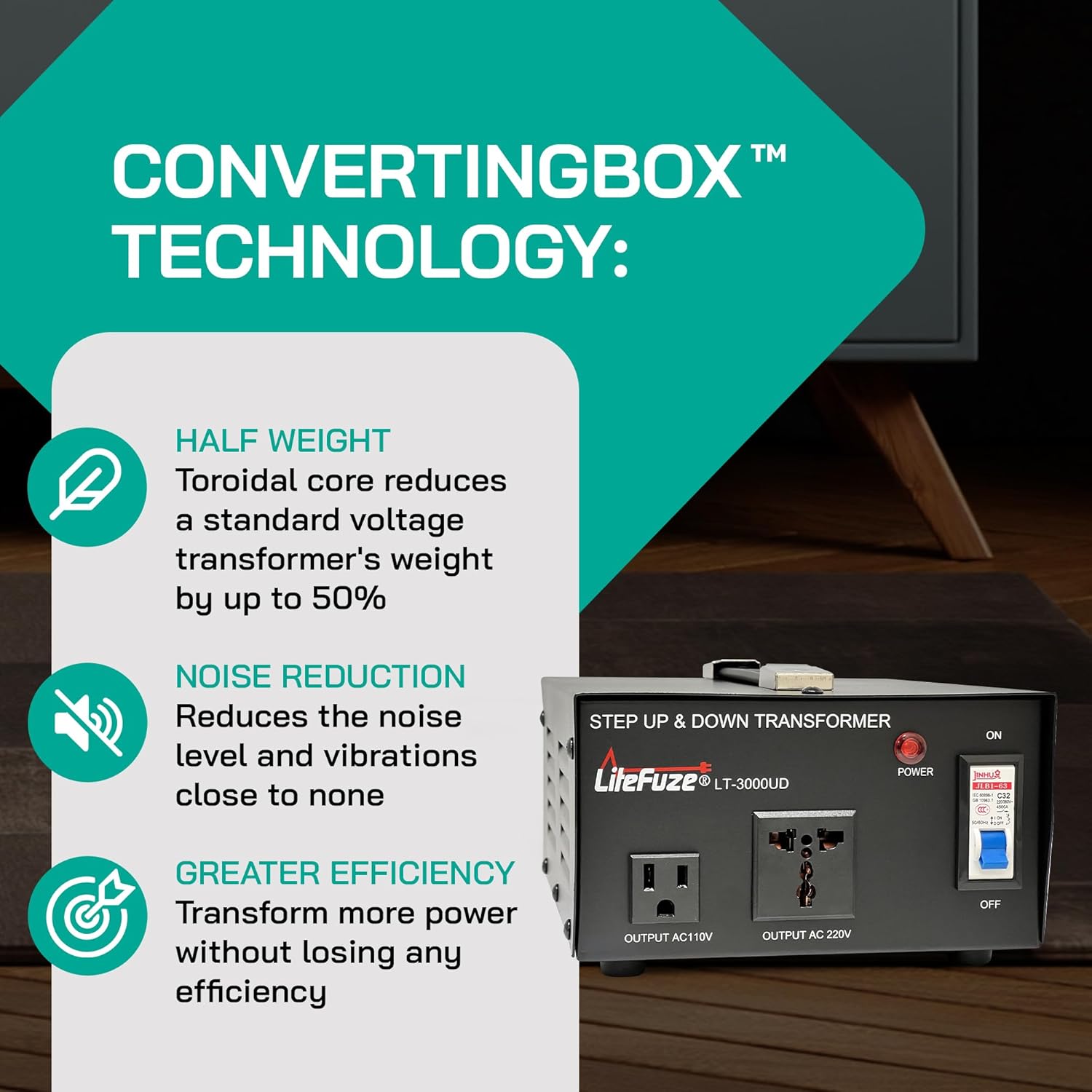 LiteFuze Transformador de voltaje de 3000 vatios elevador hacia arribaabajo – Convertidor de potencia de 110 V a 220 V220 V a 110 V – Cable
