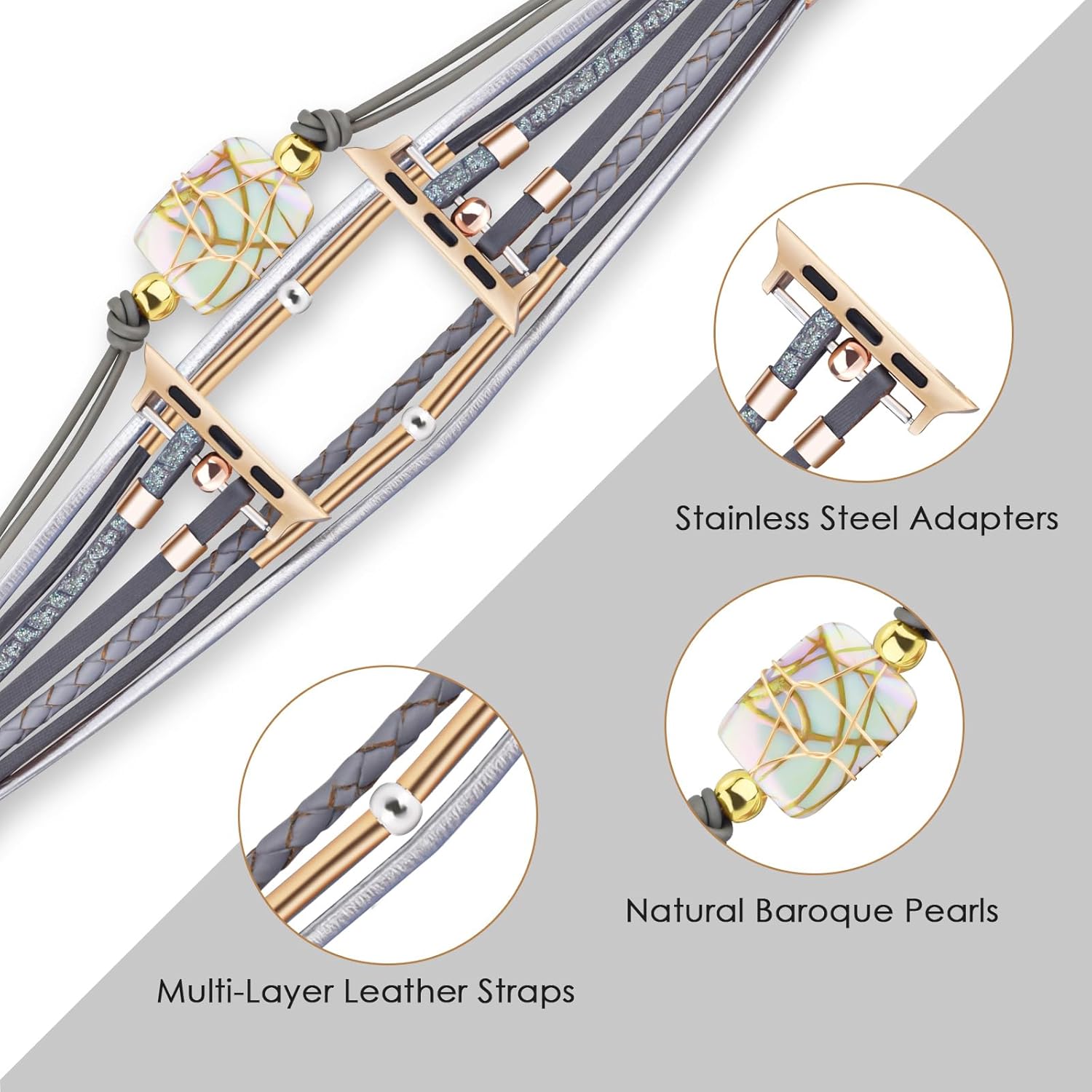CAGOS Correa de cuero compatible con Apple Watch de 1.49, 1.57, 1.61, 1.65, 1.73, 1.77 y 1.73 pulgadas, correas ajustables bohemias para iPhone
