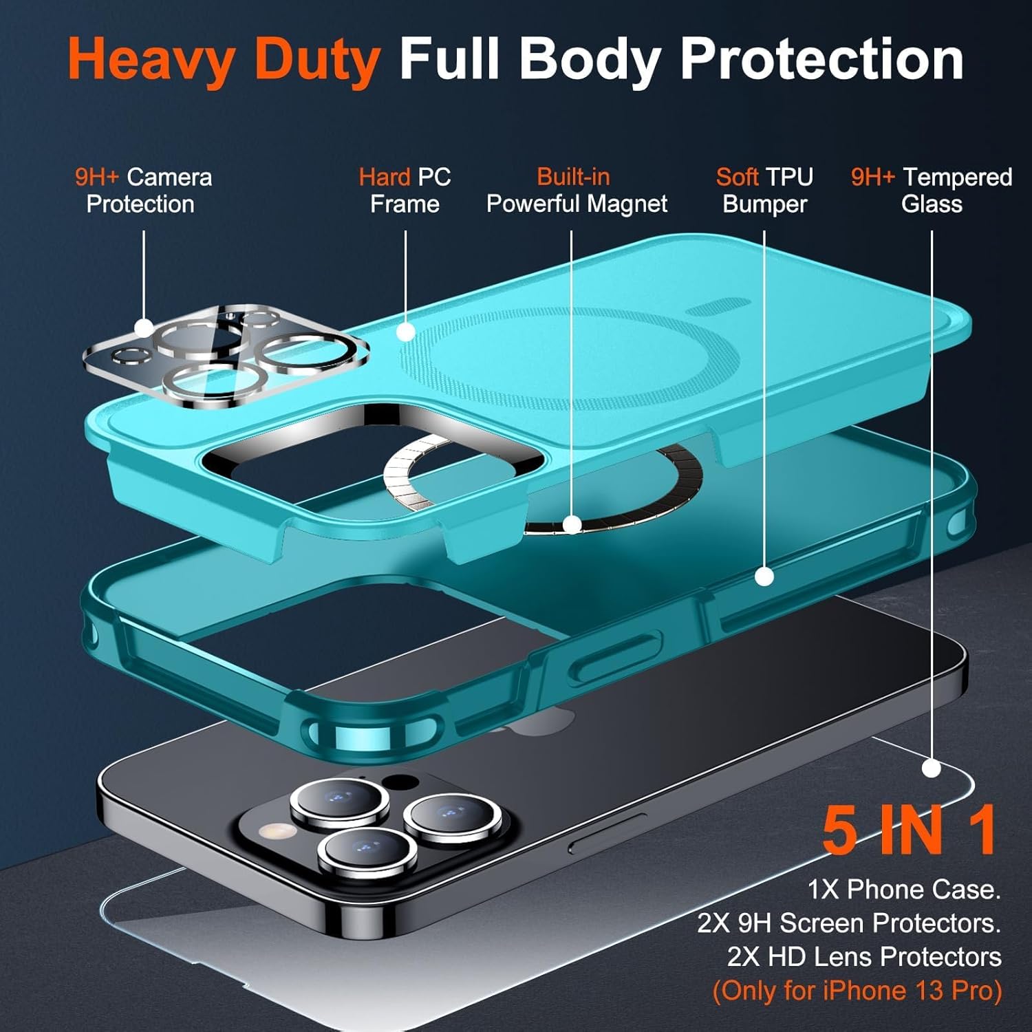 SUPFINE Funda magnética para iPhone 13 Pro (compatible con MagSafe) (protección contra caídas de grado militar de 10 pies), 2X (protector de