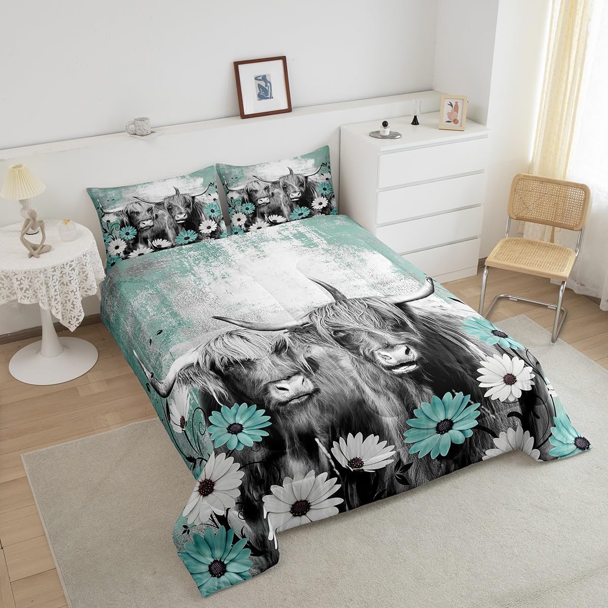 Juego de ropa de cama de vaca de las montañas, regalo de vaqueros, para niños y niñas, individual, juego de edredón de granja occidental, edredón de