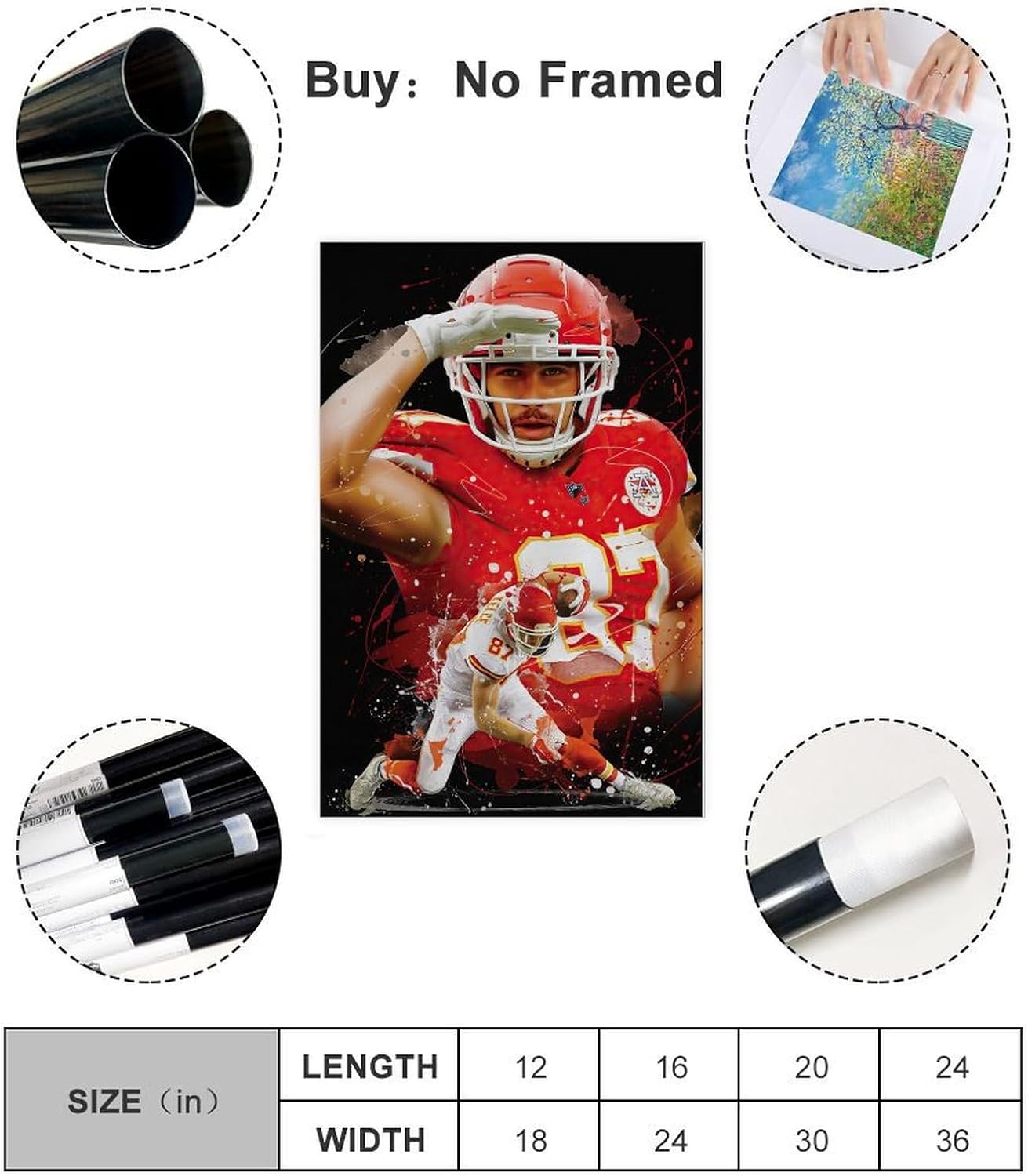 BAVIEN Travis Kelce – Póster de arte de fútbol americano, arte de pared, pinturas impresas para sala de estar, dormitorio, sin marco 12 x 18