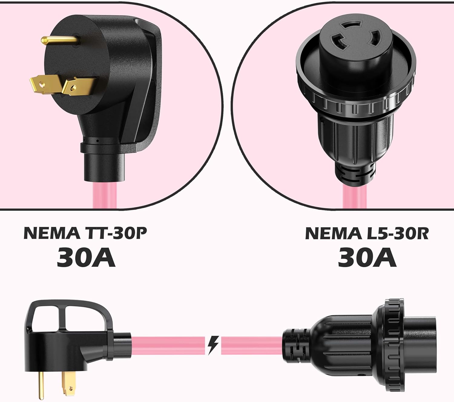 KIKIRV Cable de alimentación RV de 30 amperios y 50 pies con conector de bloqueo, cable de alimentación resistente de 30 A, macho TT-30P y hembra de