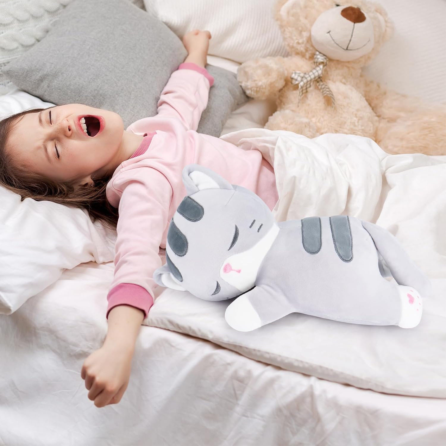 Achwishap Peluche de gato, almohada de felpa de gato, almohada suave de peluche kawaii para abrazar, lindos juguetes de peluche para niños y