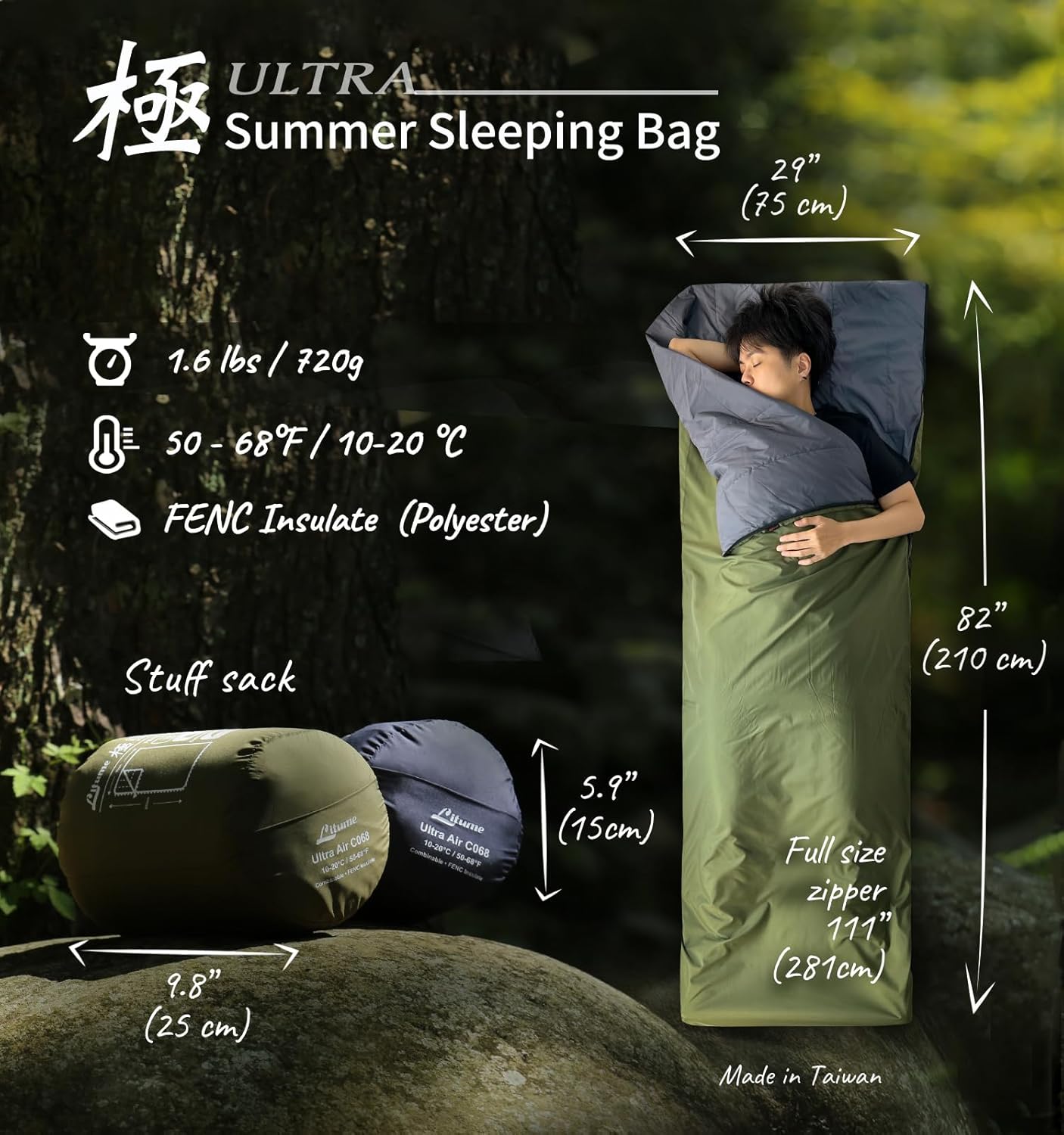 Litume 1.6 lbs 720g, 68F-50F Sleeping Bag, Combinable Lightweight Packable Compact Portable for Adults, Double Sleeping Bag, for Backpacking,
