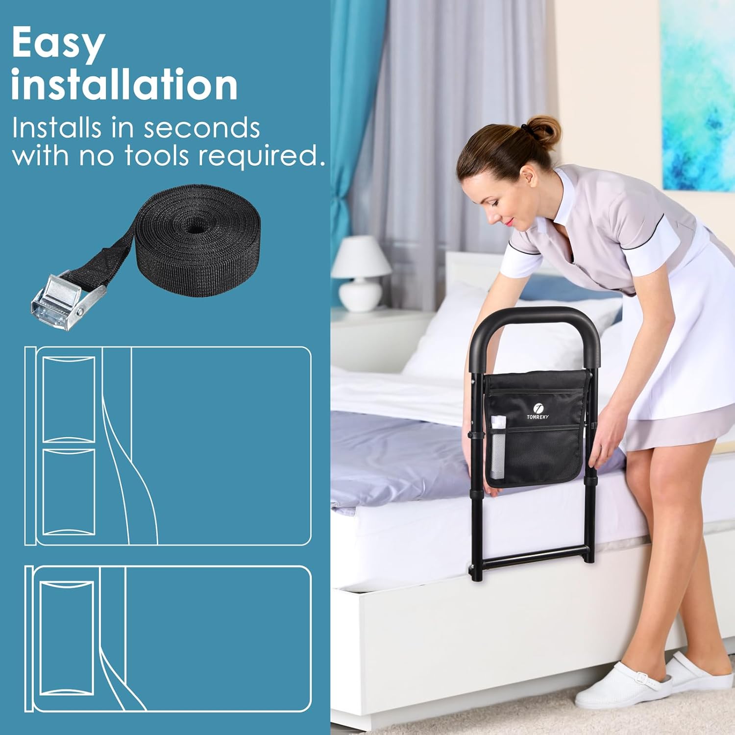 Rieles de cama para adultos mayores ayudan a la seguridad para personas mayores, agarre de barra de mano con bolsillo de almacenamiento,