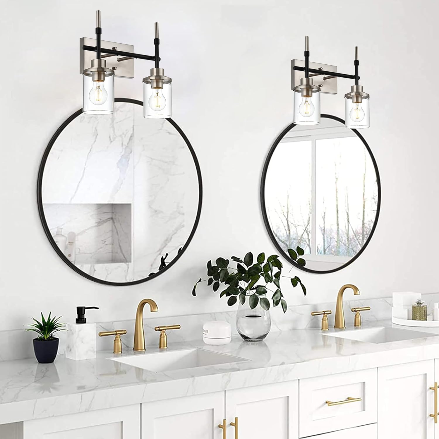 MELUCEE Accesorios de iluminación de baño sobre el espejo, aplique de pared de 2 luces, luz negra y acabado de níquel cepillado con pantalla de