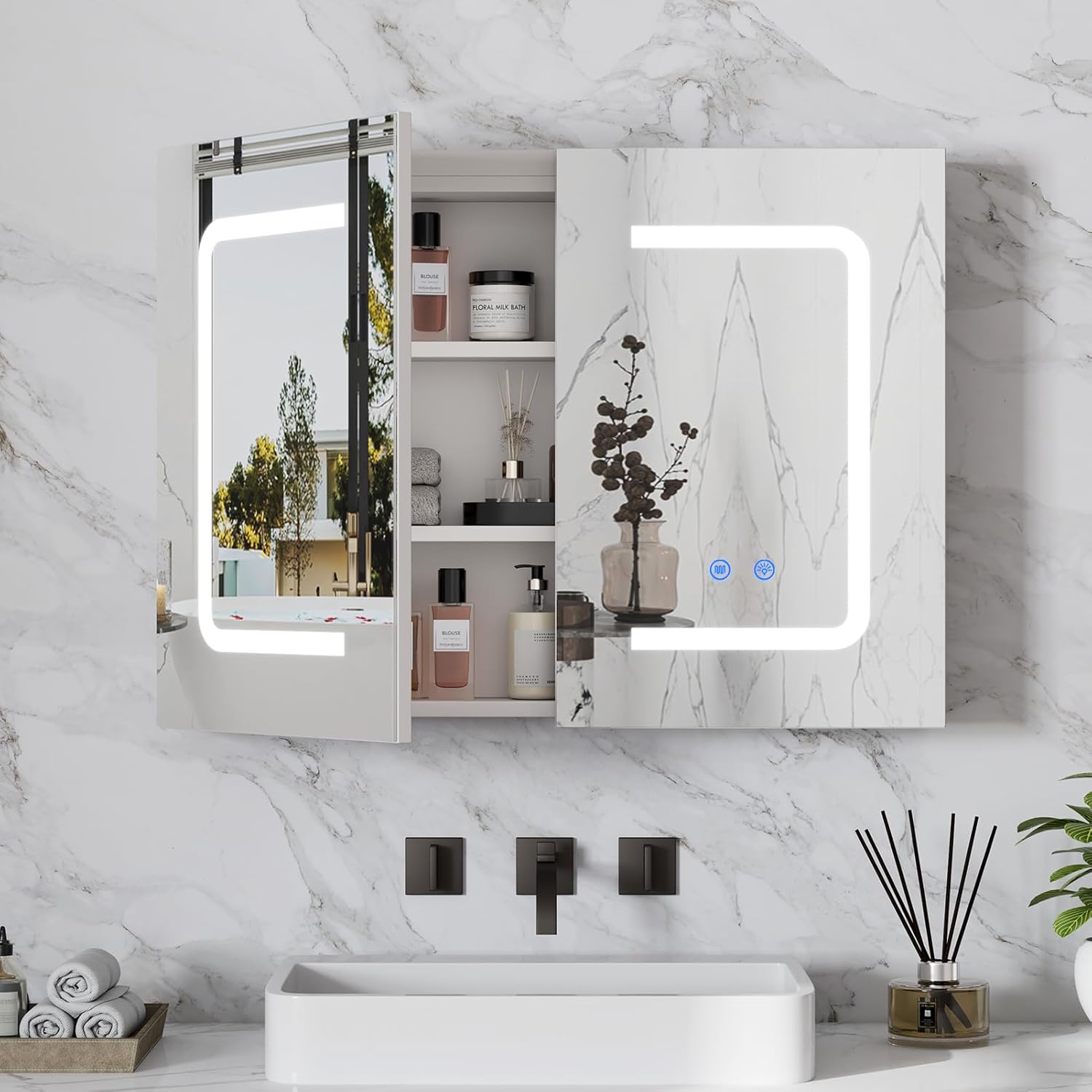 Espejo de baño con almacenamiento, botiquín de baño con espejo de montaje en pared, espejo LED, botiquín de medicina, 3 colores, atenuador infinito,