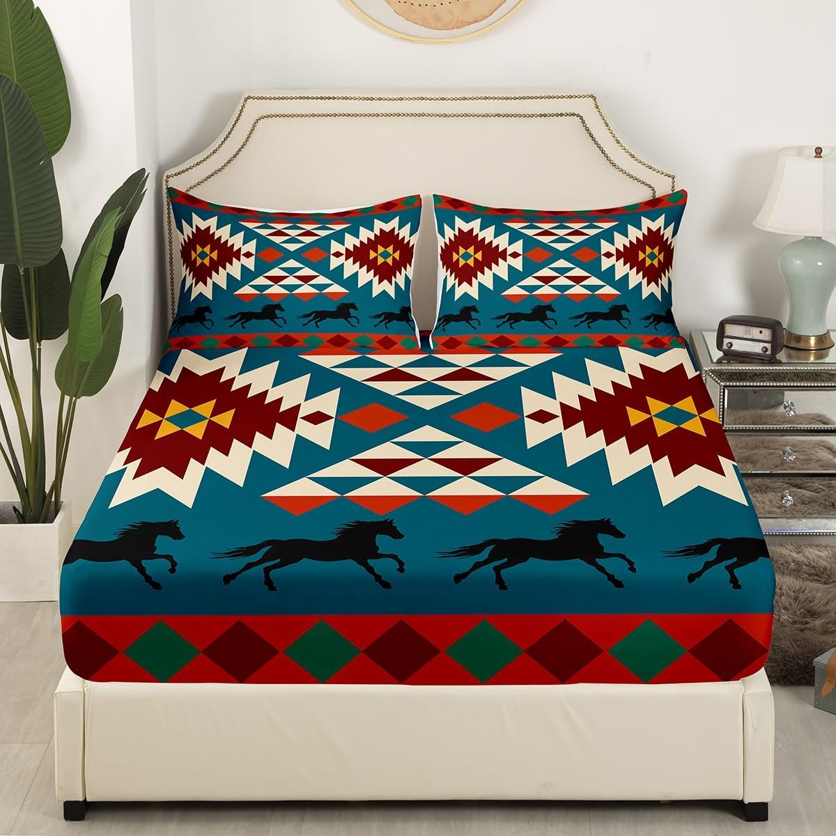 Juego de sábanas de caballo indio africano con geometría tribal, juego de sábanas bajeras nativas aztecas del suroeste, sábana superior de animales