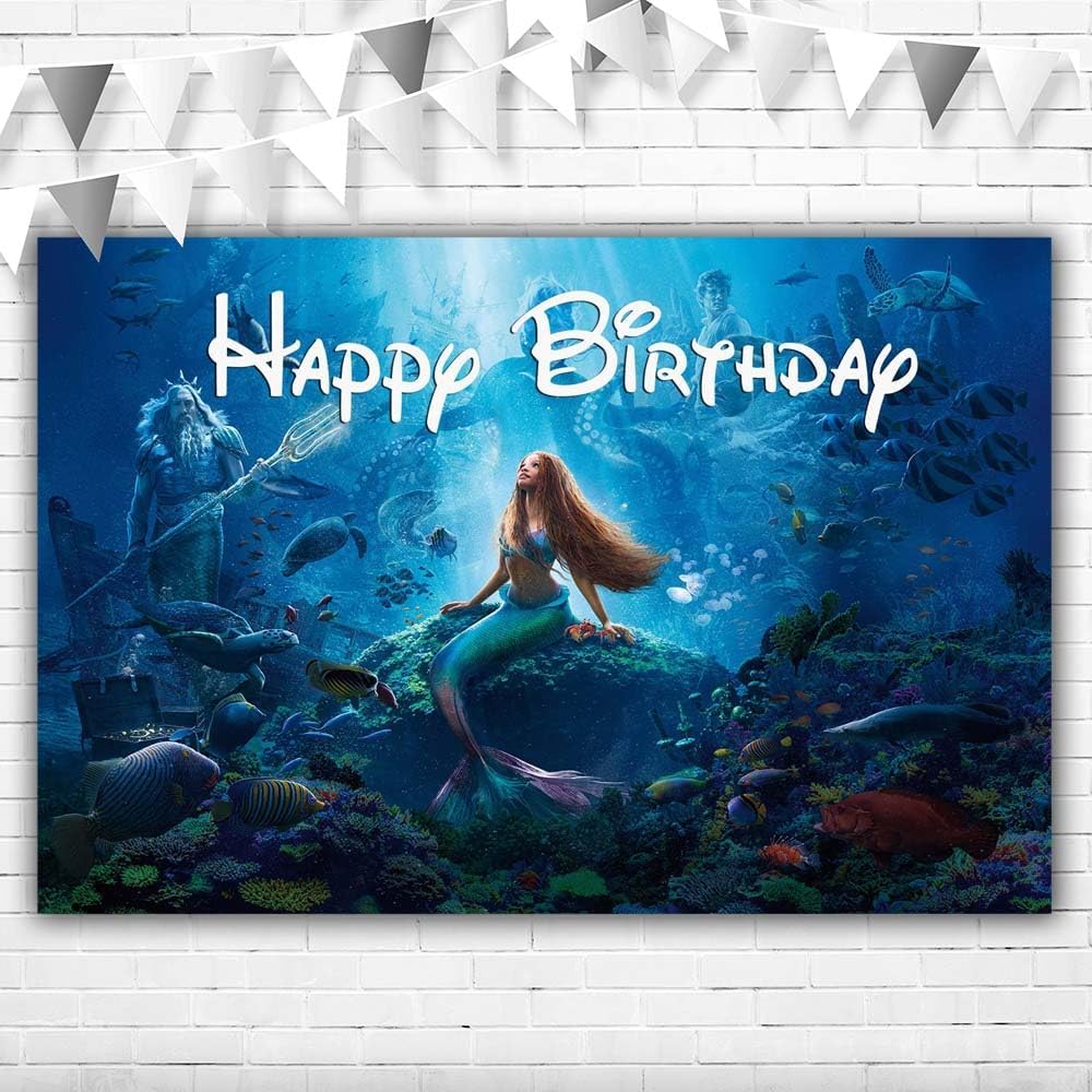 Telón de fondo de vinilo con texto en inglés “Little Mermaid 2023”, 5 x 3 pies, diseño de princesa de feliz cumpleaños, baby shower bajo el mar,