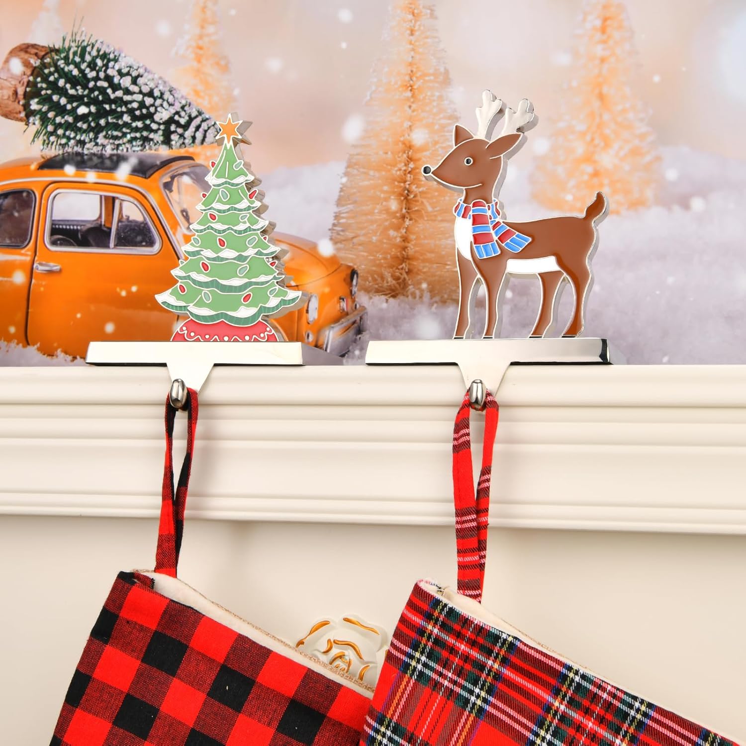 Juego de 2 ganchos de calcetines de Navidad de ciervos para mantel de Navidad, ganchos para chimenea, soporte de metal para calcetines de árbol de