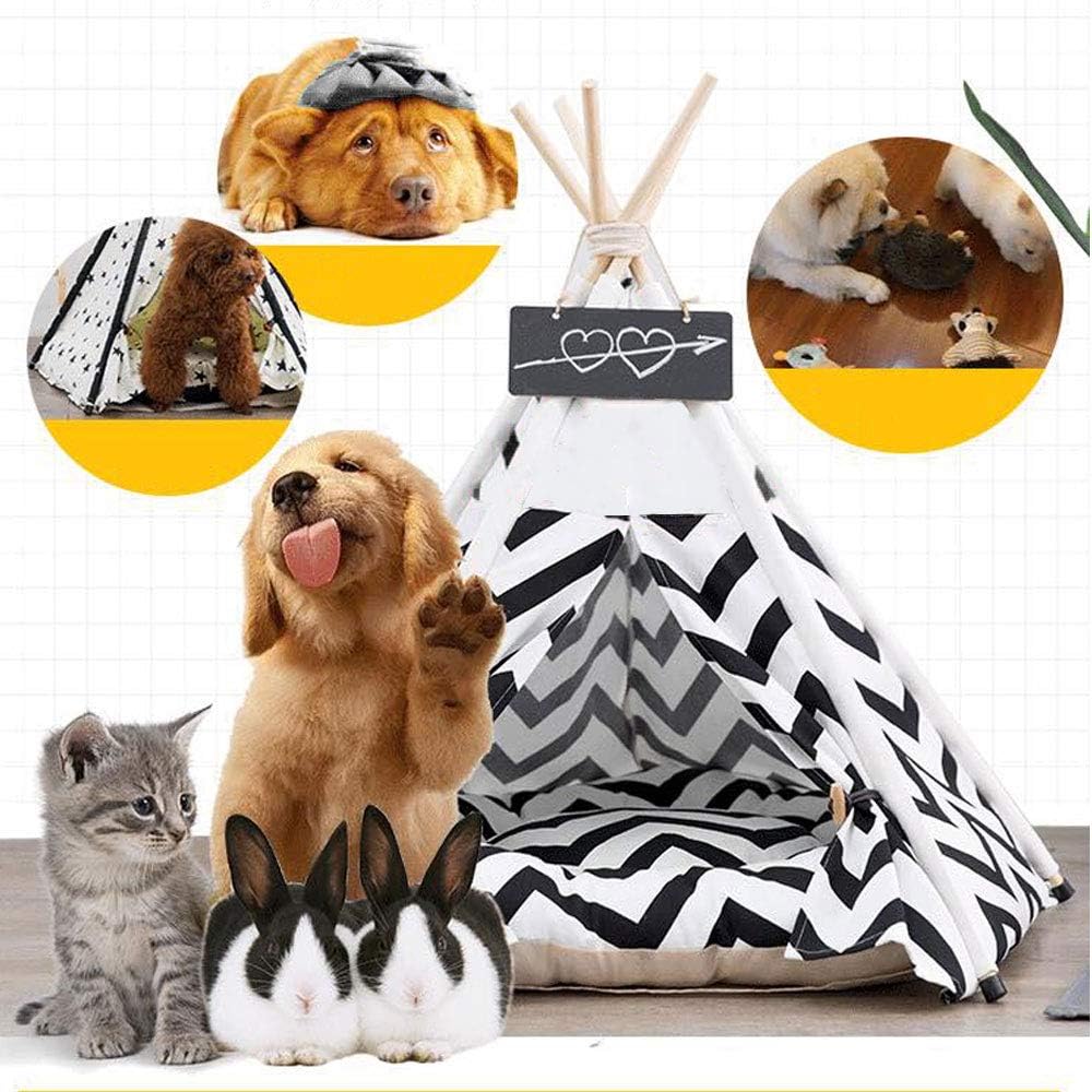 Tienda de campaña tipi para mascotas, para perros, cachorros, gatos, lona blanca, linda casa tipi para mascotas con cojín, 24 pulgadas, interior y
