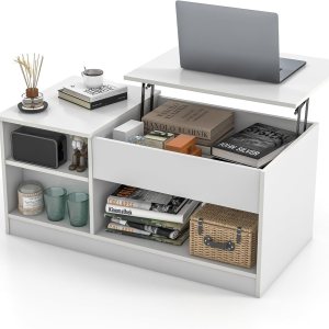 Tangkula Mesa auxiliar blanca con parte superior elevable, mesa central de madera para sala de estar con compartimento de almacenamiento oculto, Tangkula Mesa auxiliar blanca con parte superior elevable, mesa central de madera para sala de estar con compartimento de almacenamiento oculto,
