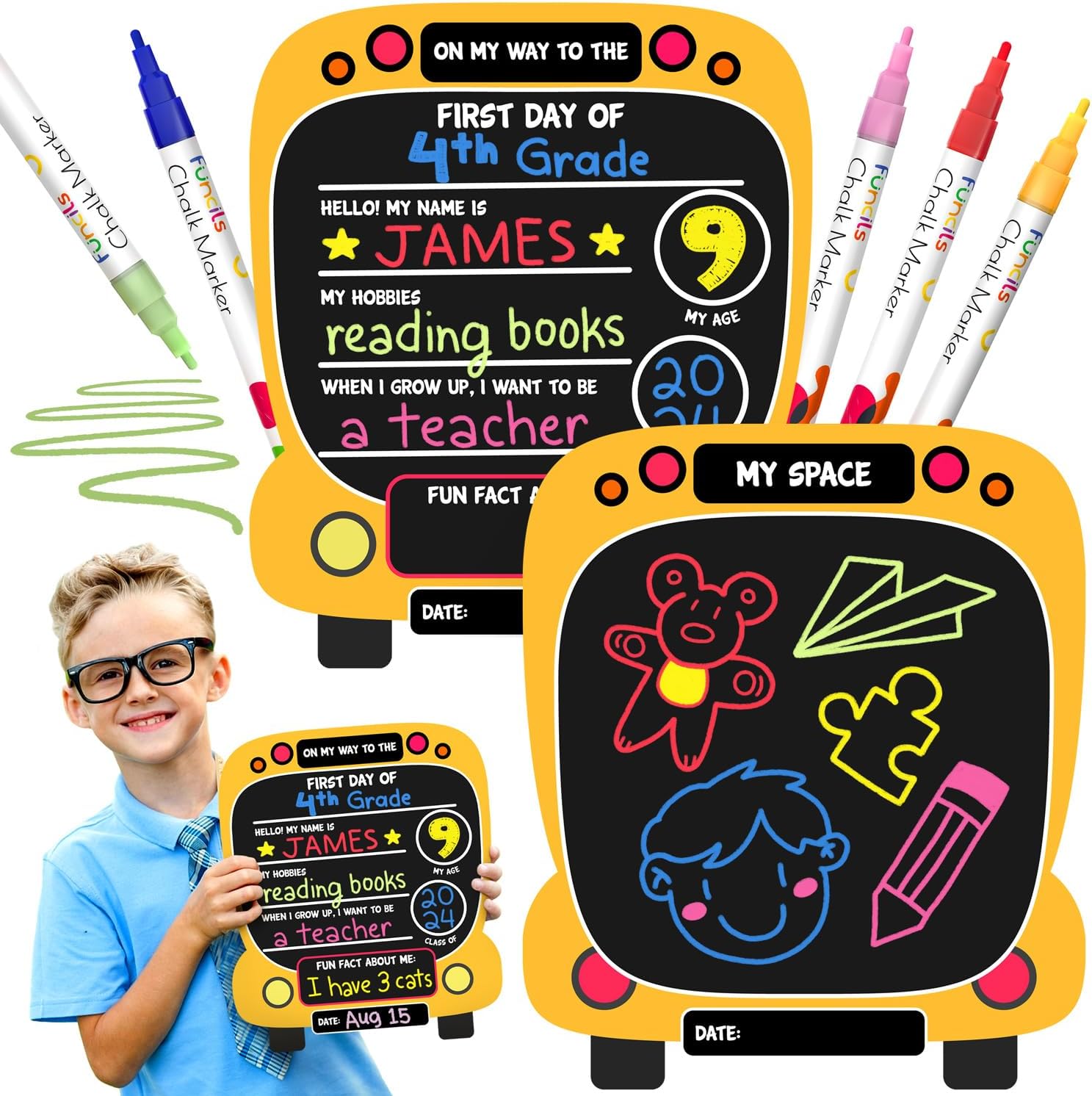 Pizarra para niños (autobús, 11 x 13 pulgadas) + 5 marcadores de tiza  Tabla de dibujo para niños, pizarra para niños  para niños pequeños que aman