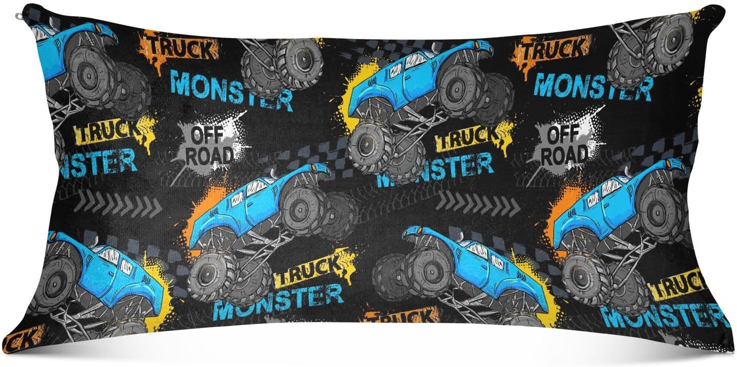 Funda de almohada de terciopelo con neumáticos de camión monstruo, funda de almohada larga de franela con cremallera oculta para mujeres y hombres,