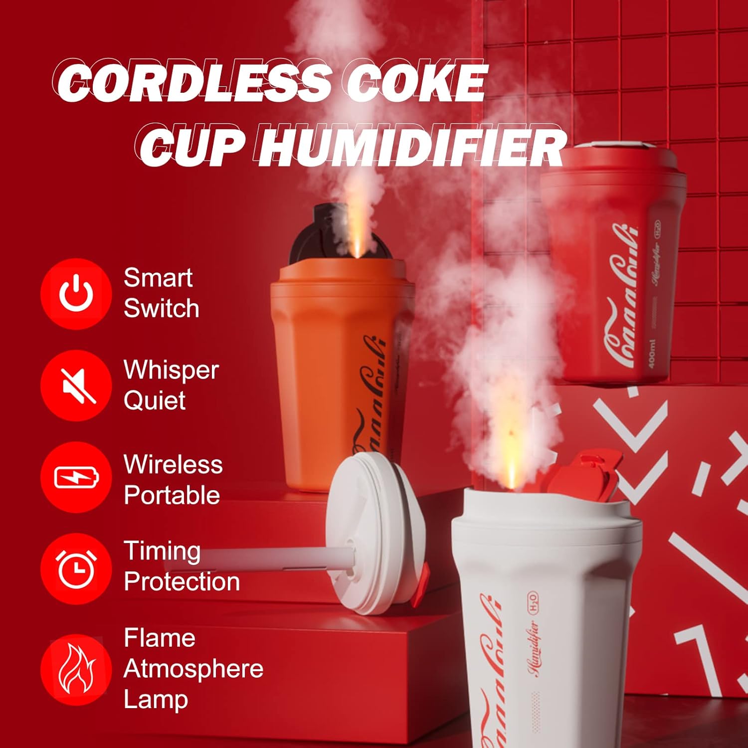 FanmmyAid Mini humidificador para dormitorio, humidificadores de niebla fría con taza de coque inalámbrico con luz LED, humidificador de aire