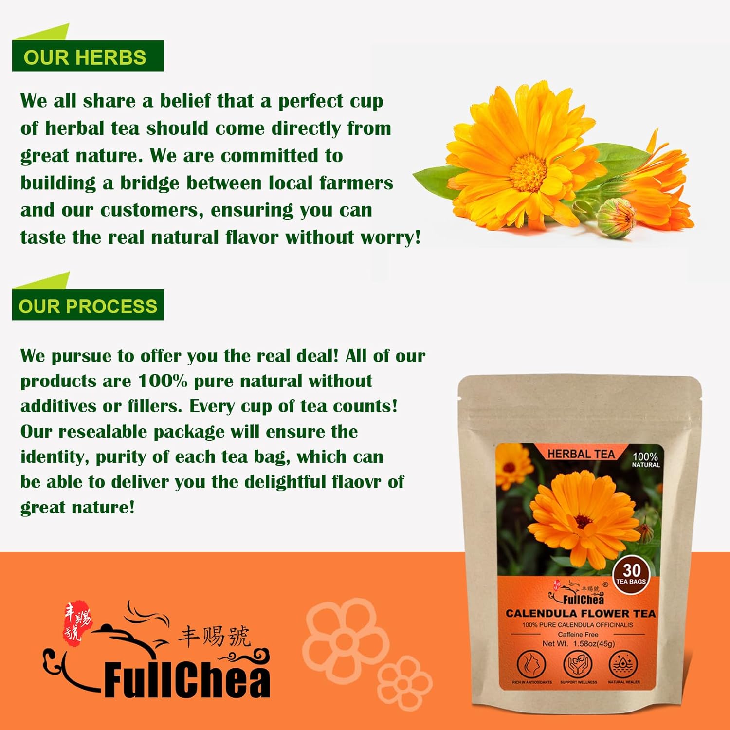 FullChea – Té de flores de caléndula secas, 30 bolsitas de té, 0.05 ozbolsa – Té de caléndula premium para la salud de la piel y el bienestar – Sin