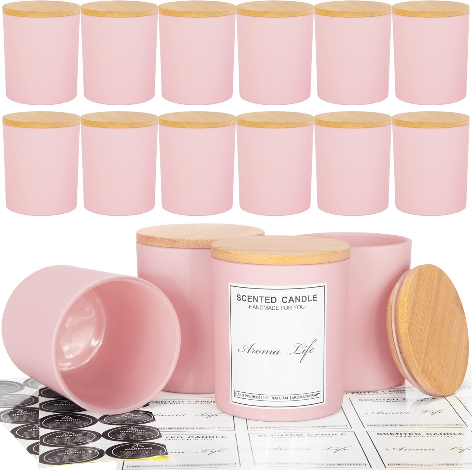 Creahaus Paquete de 16 tarros de vela gruesos de 10 onzas con tapas de bambú para hacer velas, recipientes de vela de vidrio vacío rosa a granel y