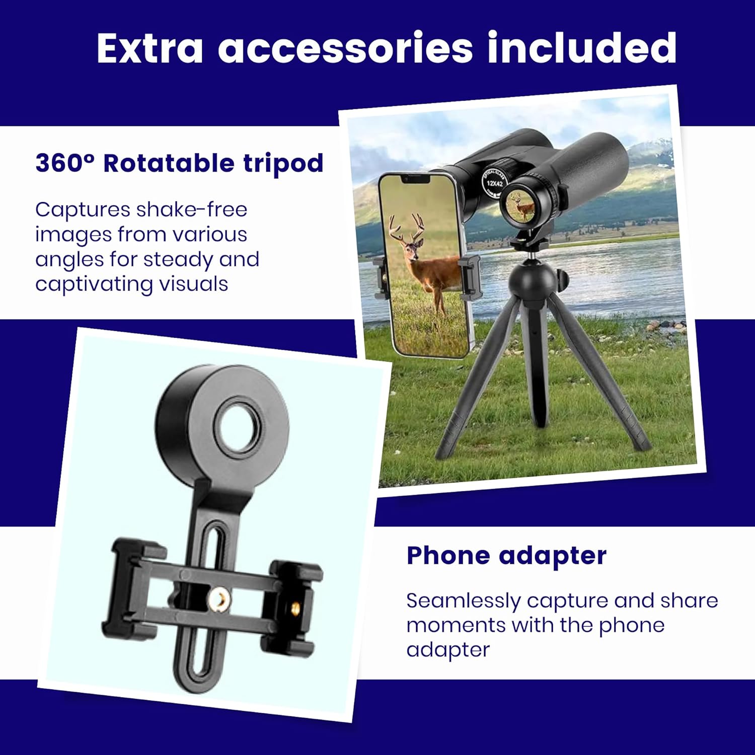 Thunderb Binoculares de alta potencia de 12 x 42 para adultos con adaptador de teléfono, trípode y adaptador de trípode, visión grande clara para