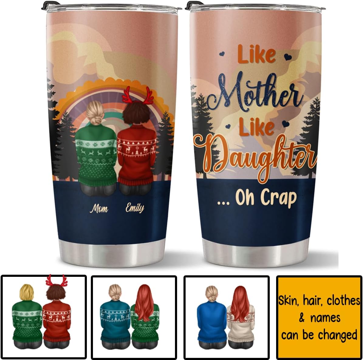 Vaso personalizado para mamá, mamá de hija, hijo, como madre, como hija, Oh Crap Pine Tree Vista trasera, arco iris, vintage, nombre personalizado,
