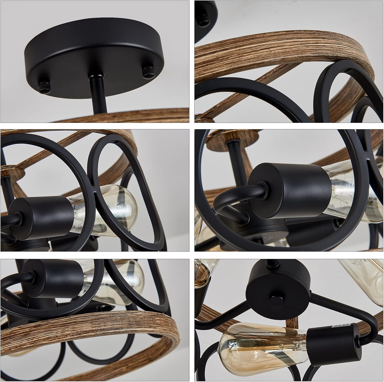 Lámparas de techo de estilo rústico de montaje semiempotrado, 3 luces negras y acabado de madera retro, pantalla de tambor, lámparas rústicas para