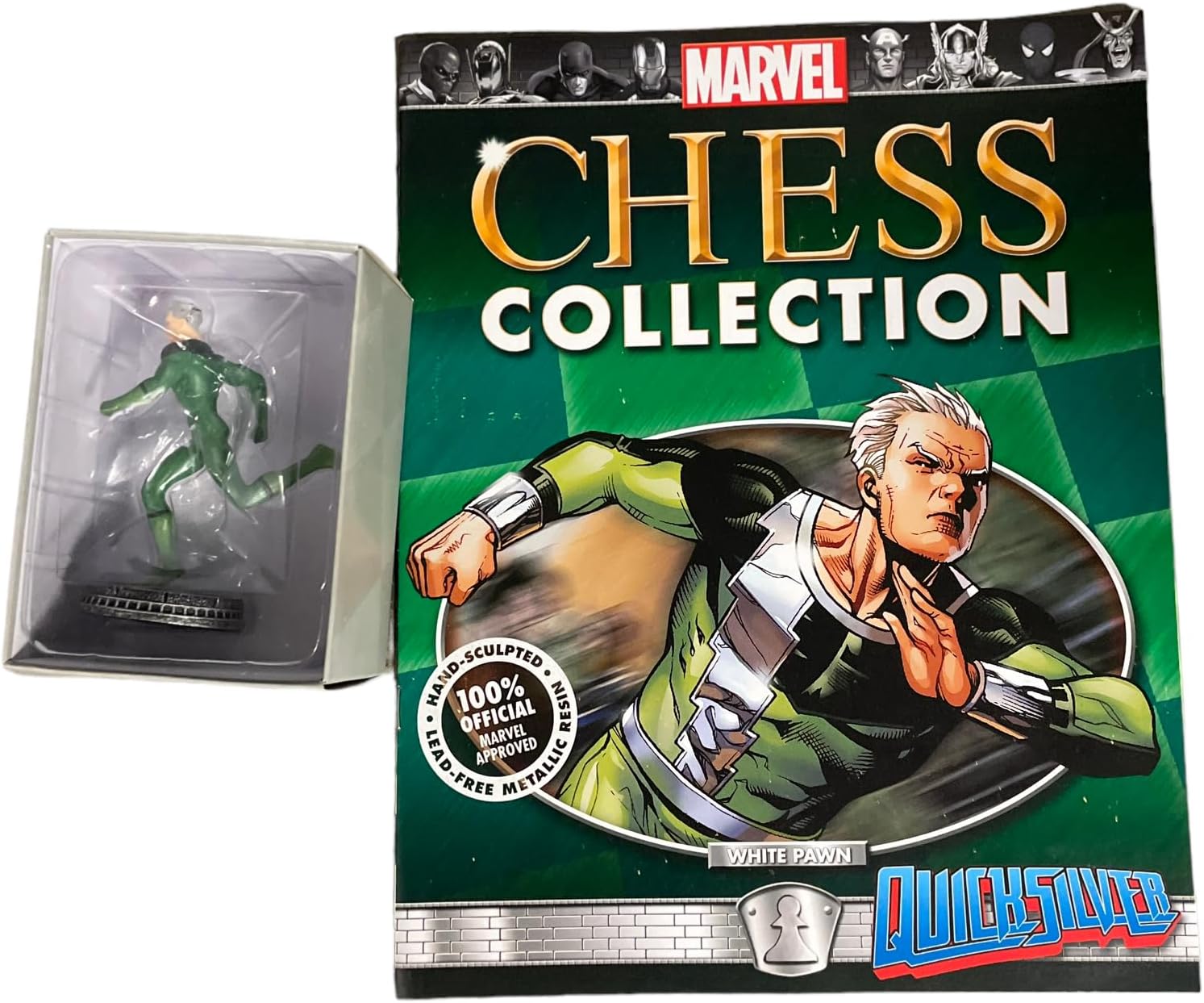 Eaglemoss Marvel Chess Collection Quicksilver – Peón de resina metálica esculpido a mano sin plomo con historia de fondo y revista Storyline Recap