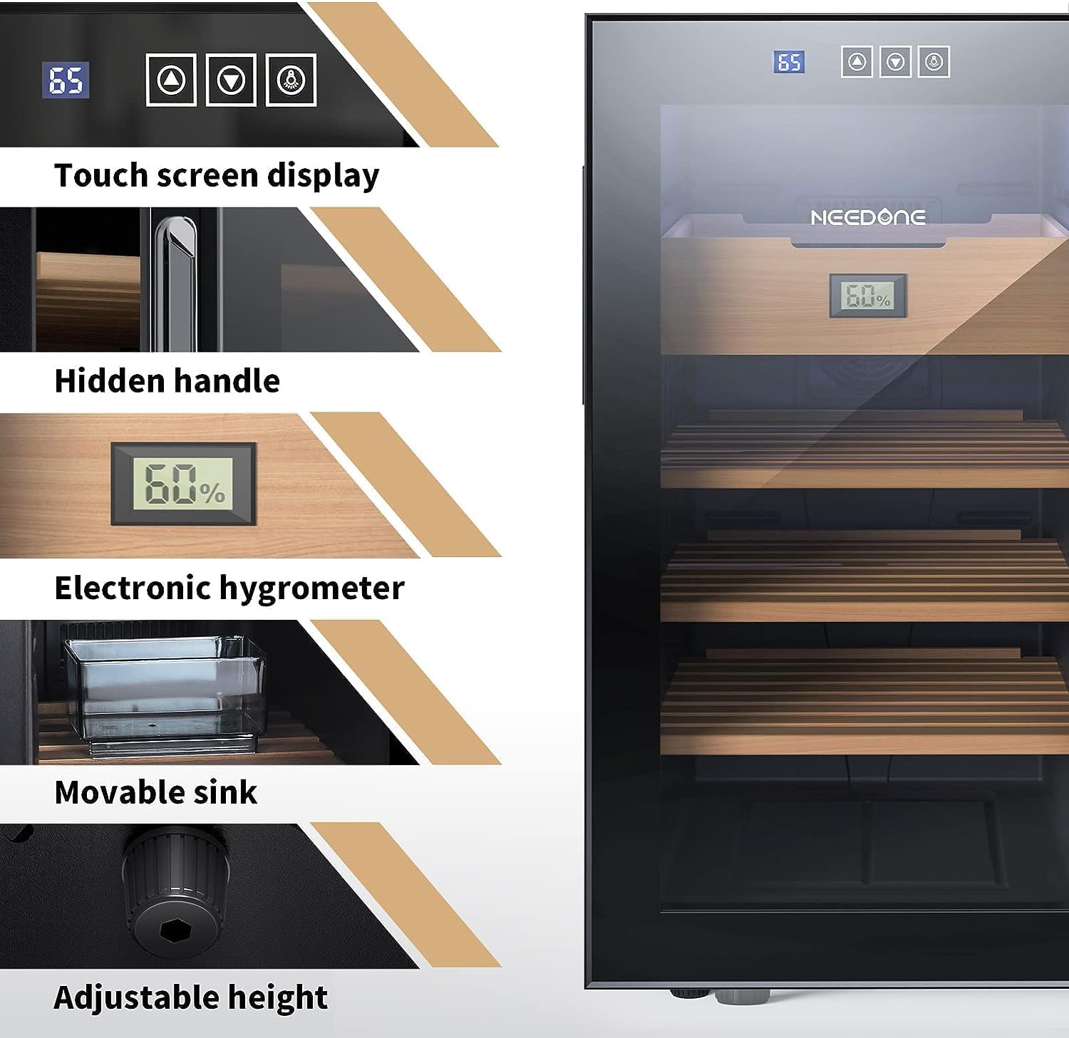 NEEDONE Humidor eléctrico de 48 L, armario grande para 300 unidades con estantes de madera de cedro español y cajón con higrómetro, funcionamiento