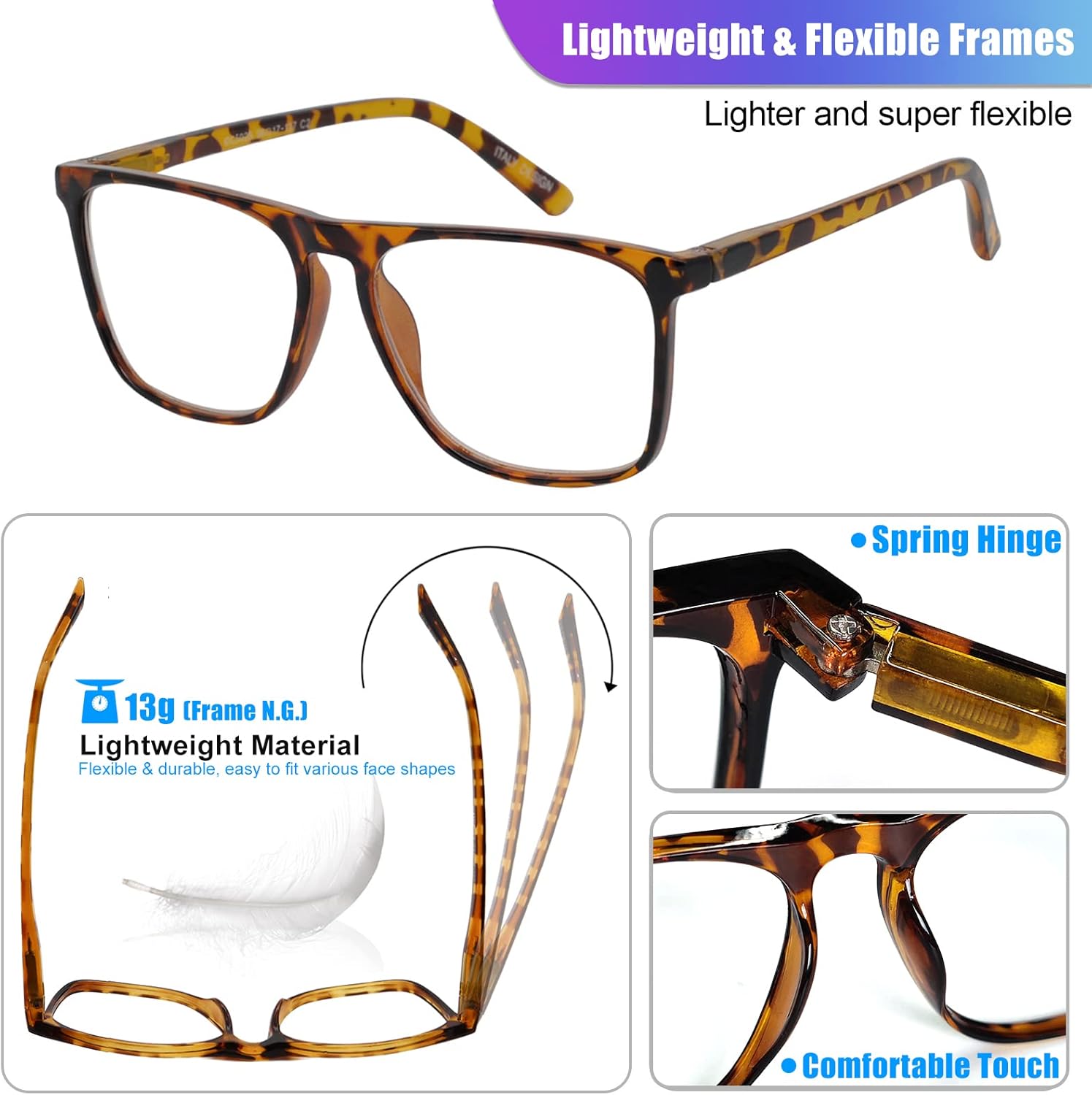 WEMOOTANTS Lentes de lectura de gran tamaño para hombre, 1.25, cuadrados, lectores ligeros, de moda, para lector de nerd 1.00, 1.25+ 1.50, 1.75,