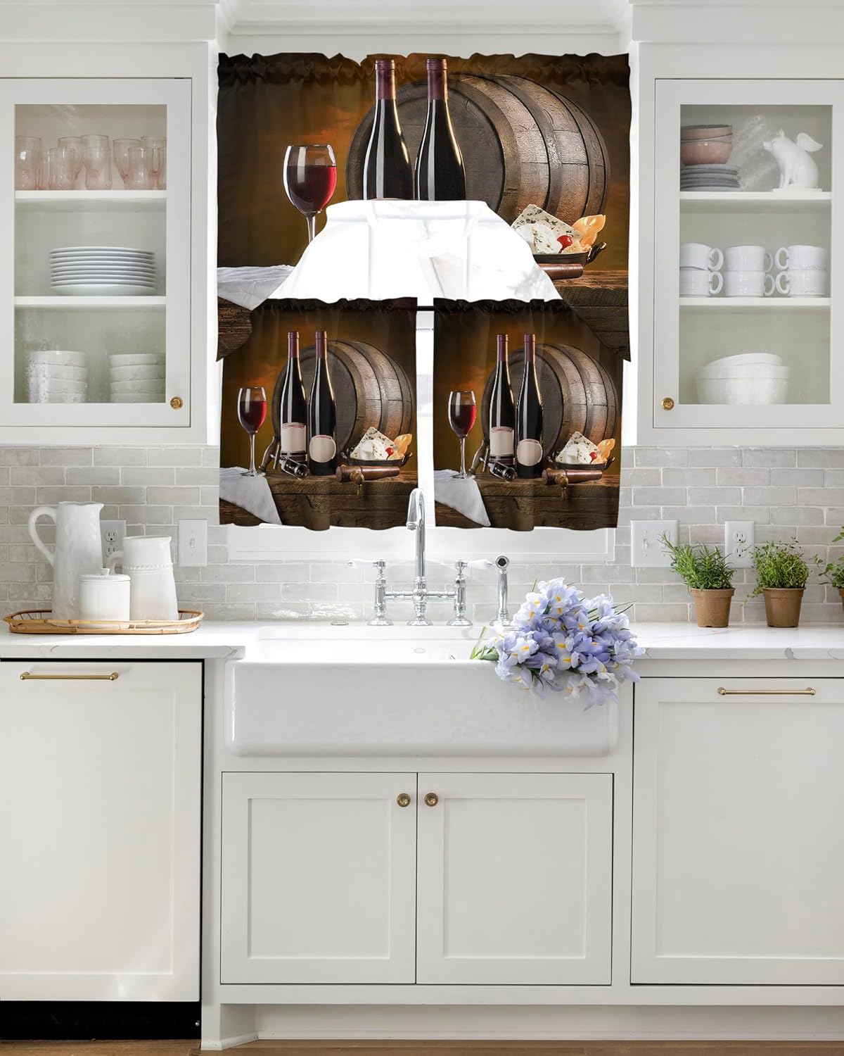 Swag Valances Window for Kitchen 3PCS, Red Wine Cups Wine Barrel Pole Pocket 1 Swag Valance and 2 Tiers Small Treatment Curtain Treatment Panel Set