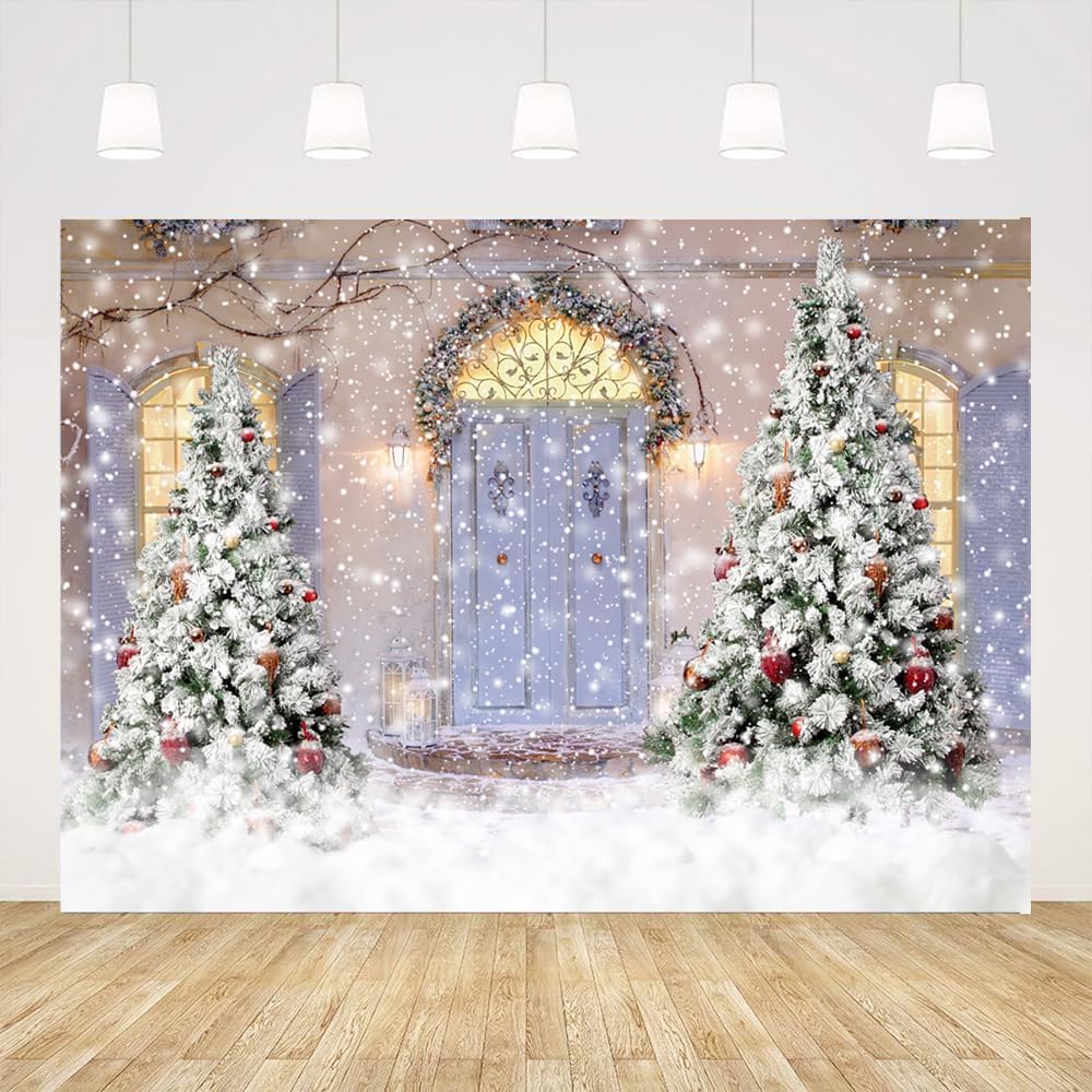 Ticuenicoa Telón de fondo de Navidad de invierno de 7 x 5 pies con purpurina, escena de nieve, puerta de castillo, decoración de árbol de Navidad,
