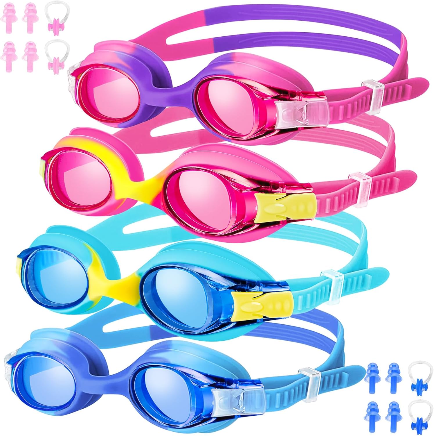 FOGULO Paquete de 4 gafas de natación para niños de 4 a 14 años, gafas de natación antiniebla con protección UV, gafas impermeables para niños y