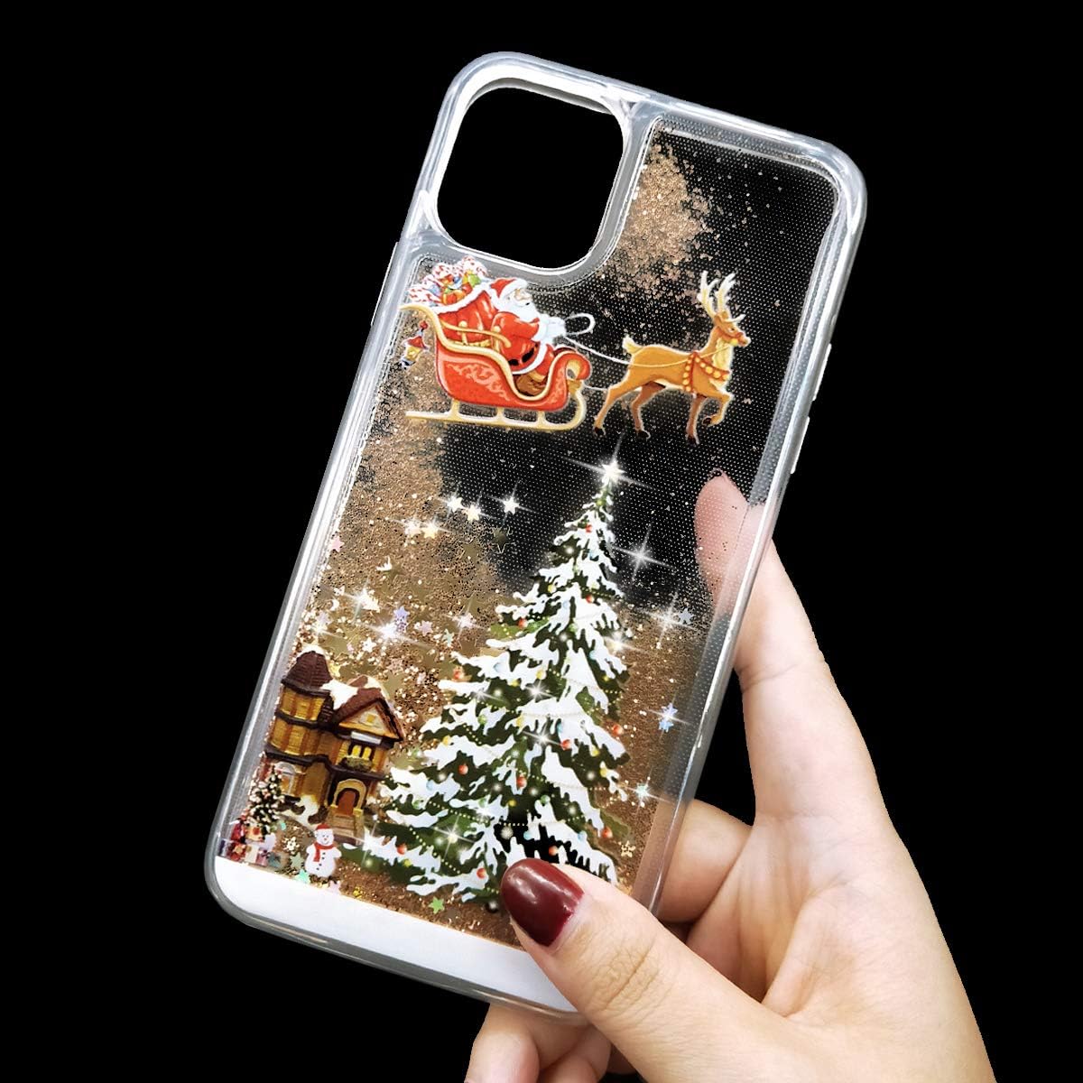 LUVI Compatible con iPhone 13 Pro Max Christmas Bling Glitter Liquid Cute Sparkle Moving Quicksand Cascada Brillante Cubierta de Lujo Rudolph Santa