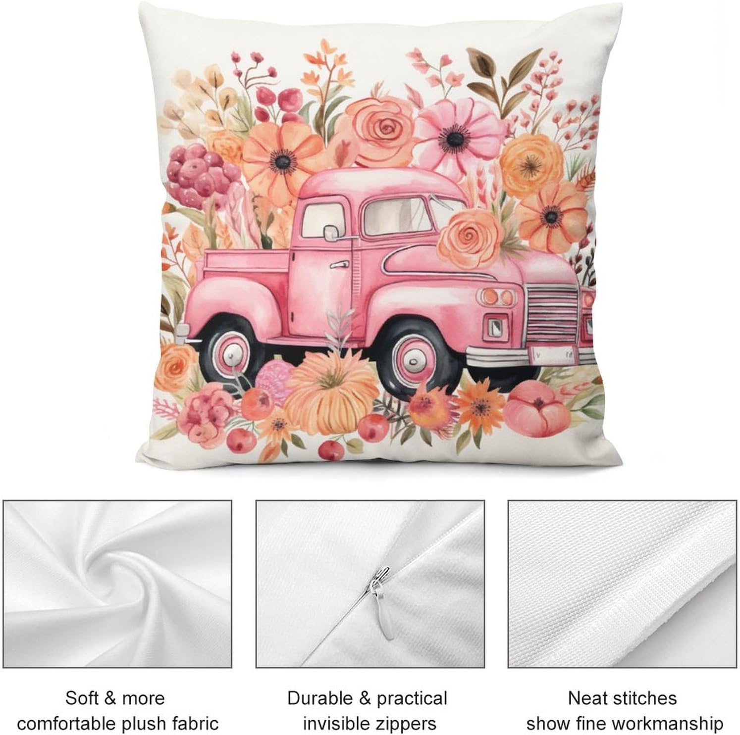 Fundas de almohada de 20 x 20 pulgadas, diseño de acuarela rosa con estampado de flores de calabaza y camión rosa, suave, estampado de doble cara,