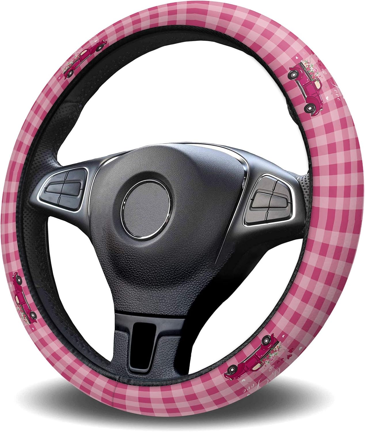 Car Steering Wheel Cover, Heart Shape Pink Truck Buffalo Plaid Elastic Stretch Sponge Steering Wheels Protective Cover for Vehicles Trucks SUVs