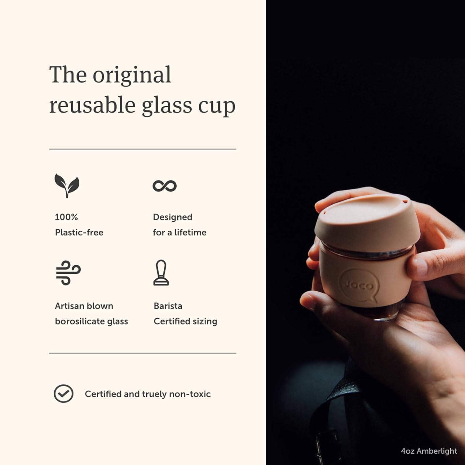 JOCO – Taza de café de cristal reutilizable, 12 onza, Negro