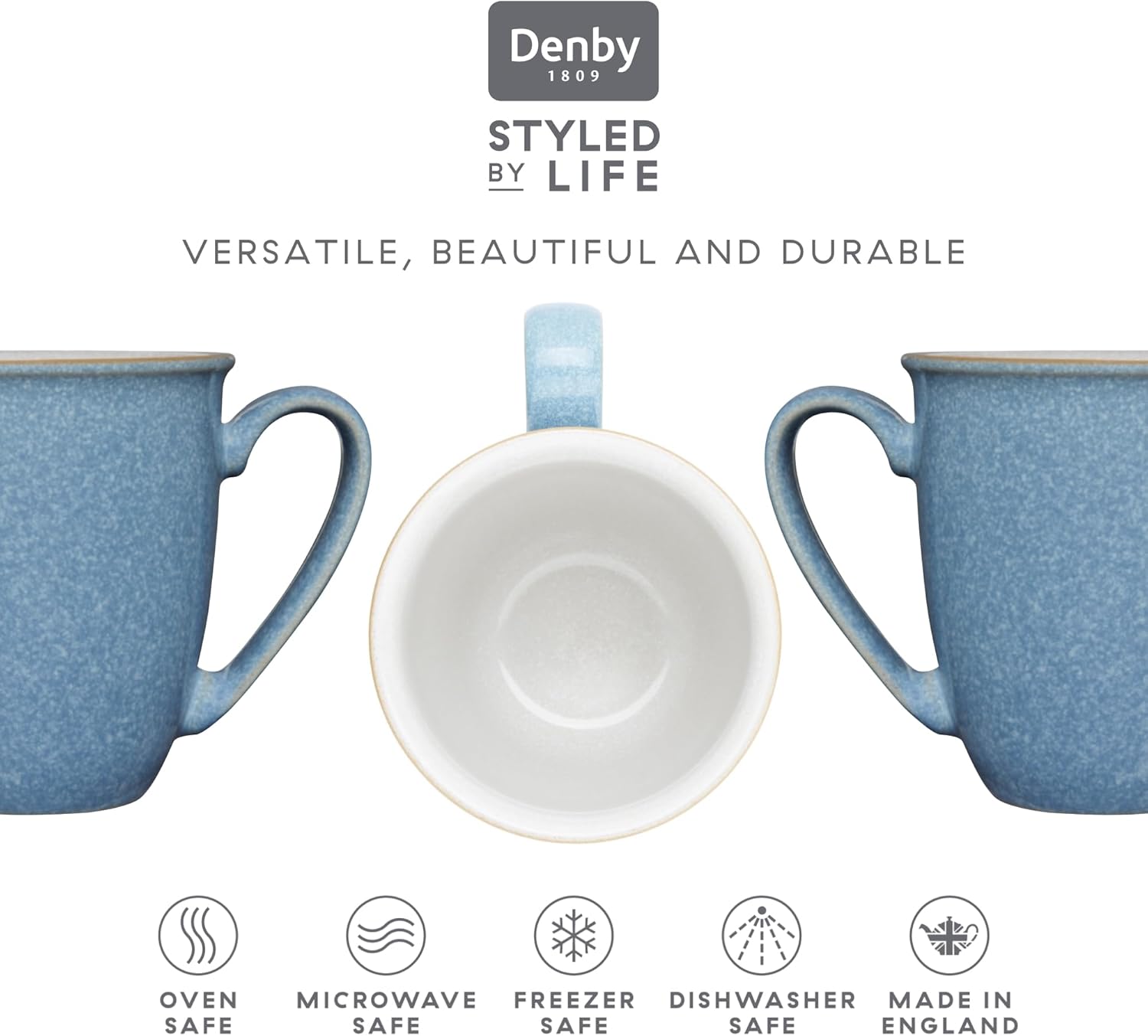 Denby – Elements Blue – Juego de 4 tazas de café grandes de 11.15 onzas para oficina y hogar, aptas para lavavajillas, microondas – Tazas de té de