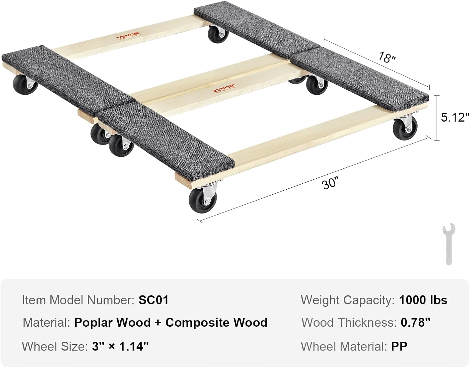 Carrito móvil para muebles de madera dura, 30 pulgadas x 18 pulgadas. Ruedas giratorias de 4 x 3 PP, carrito móvil de madera resistente, carrito
