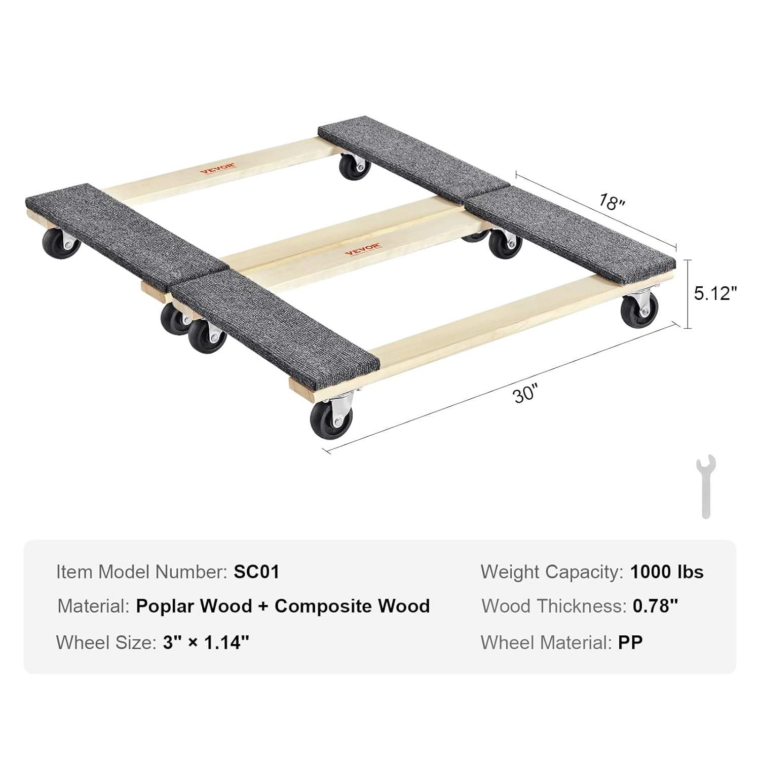 VEVOR Carrito móvil para muebles de madera dura, 30 pulgadas x 18 pulgadas. Ruedas giratorias de 4 x 3 PP, carrito móvil de madera resistente,