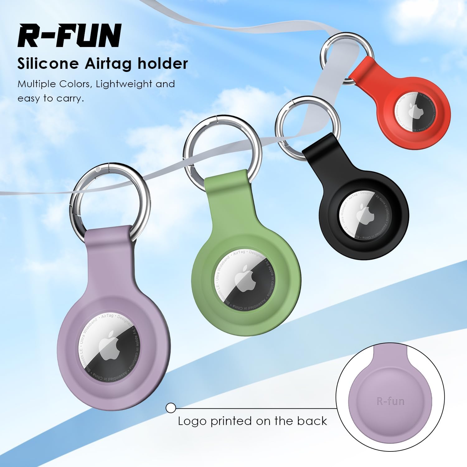 R-fun Soporte para Airtag con llavero, 4 unidades Funda de silicona impermeable para AirTag con llaveros para cartera, collar de perro, equipaje y