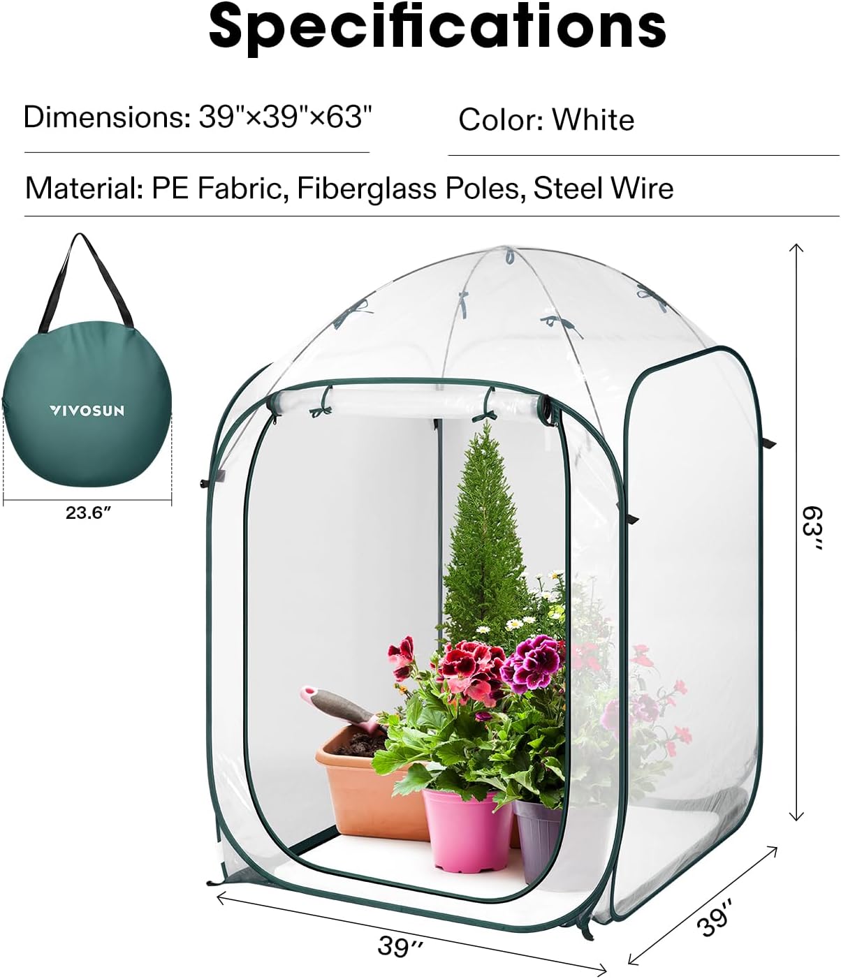 VIVOSUN Invernadero portátil de 39 x 39 x 63 pulgadas, con cubierta de PVC y base desmontable, desplegable y plegable instantáneo, mini invernadero
