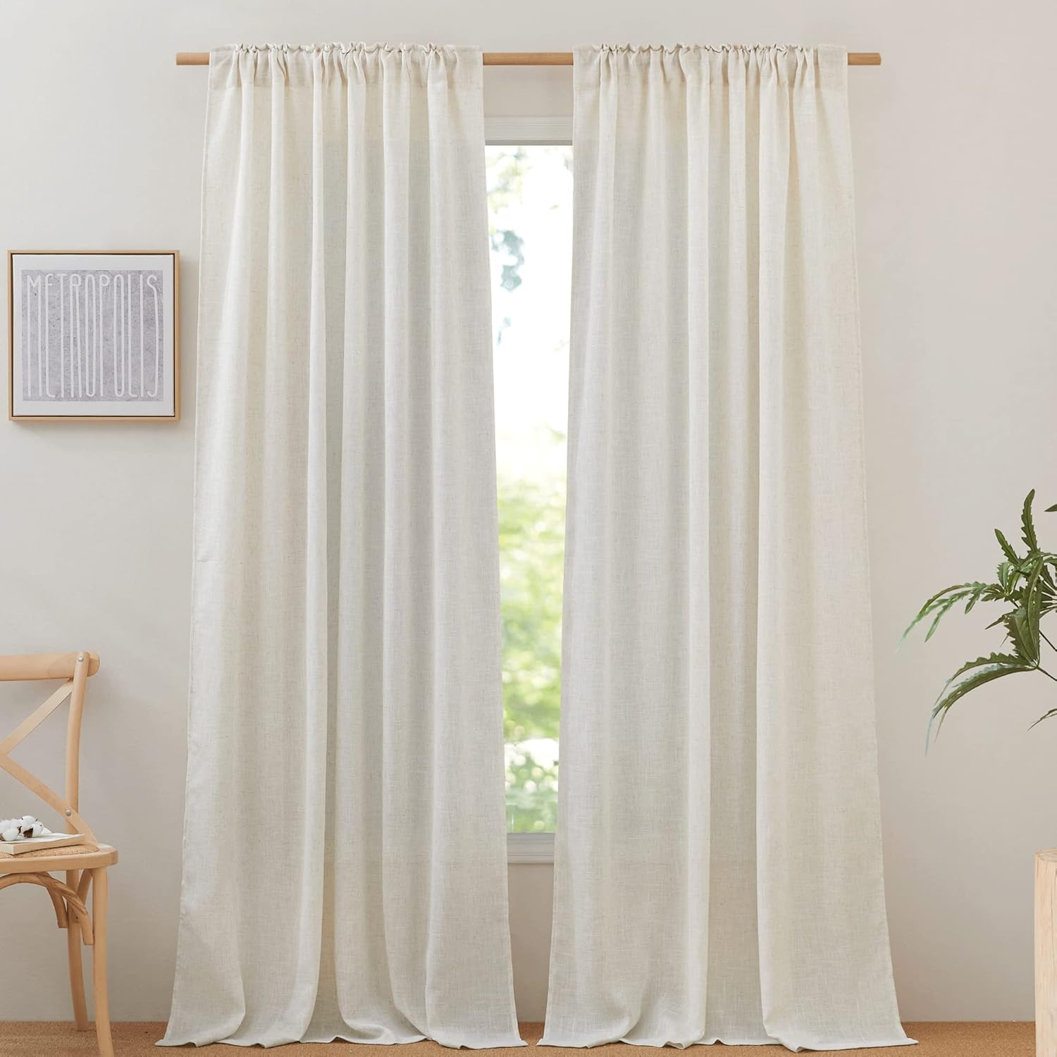 NICETOWN Cortinas de arpillera de lino de 135 pulgadas de largo, 2 paneles, bolsillo para barra y pestaña trasera, mezcla de lino natural,