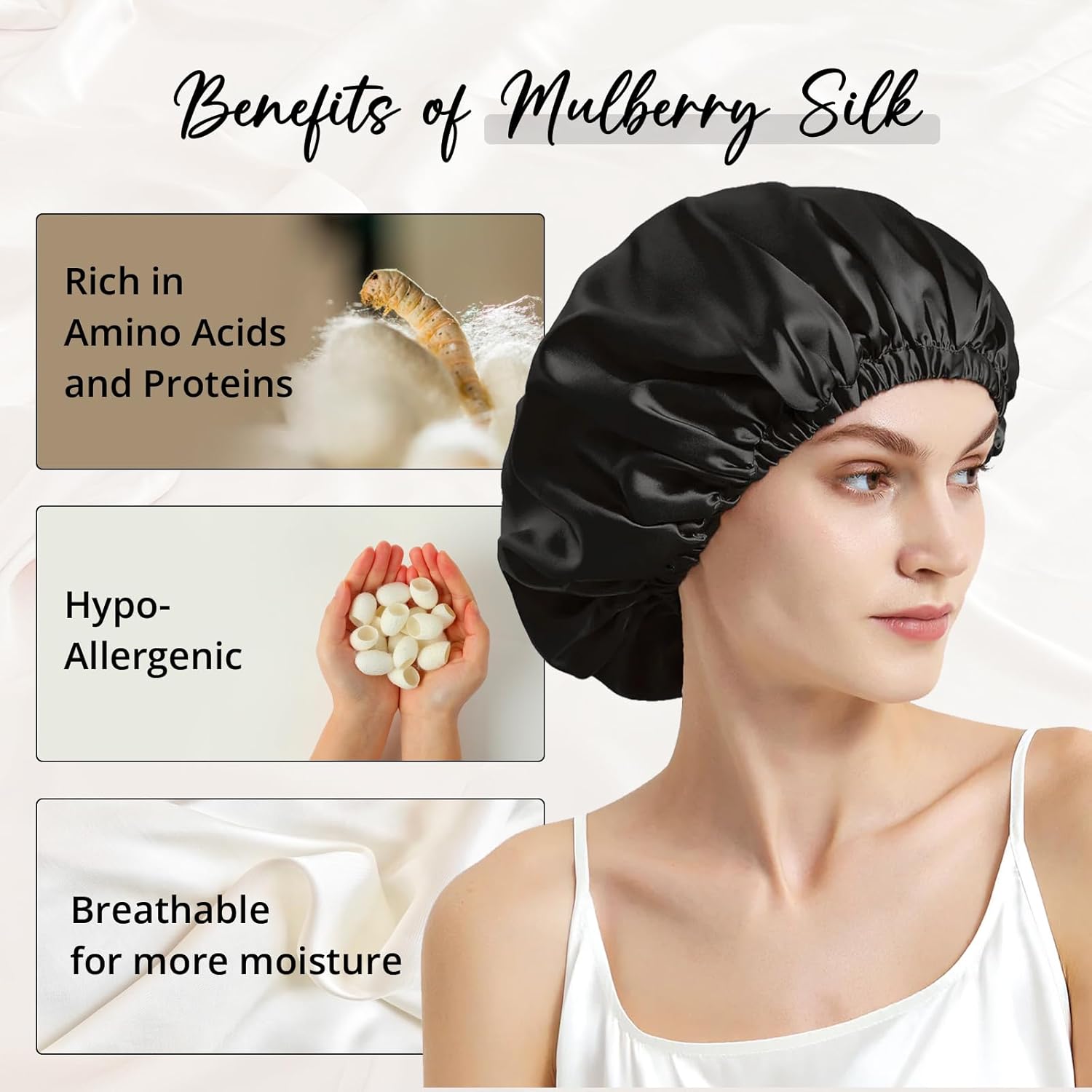 WIGI Gorro 100% de seda de morera con coletero de regalo para el cuidado del cabello de las mujeres, gorro de seda para dormir, gorro de ducha,