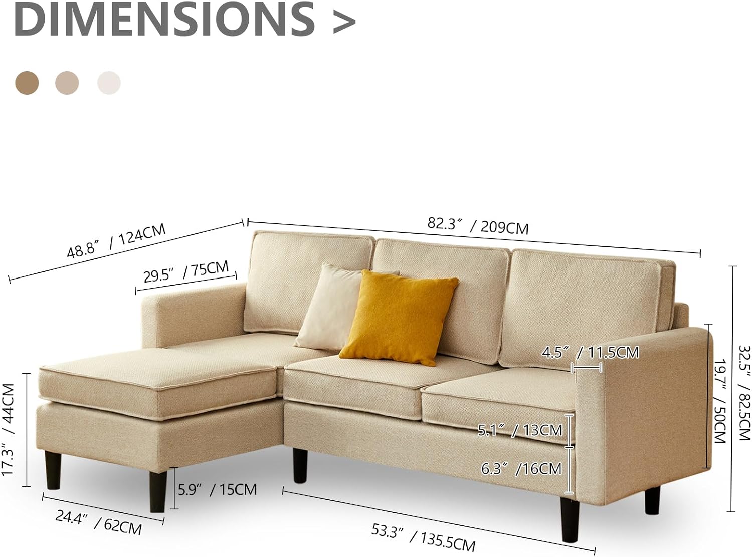 Cpintltr Sofá en forma de L, sofá futón de lino de 3 asientos, sofá cama convertible con patas de madera cónicas, sofás modernos de mediados de