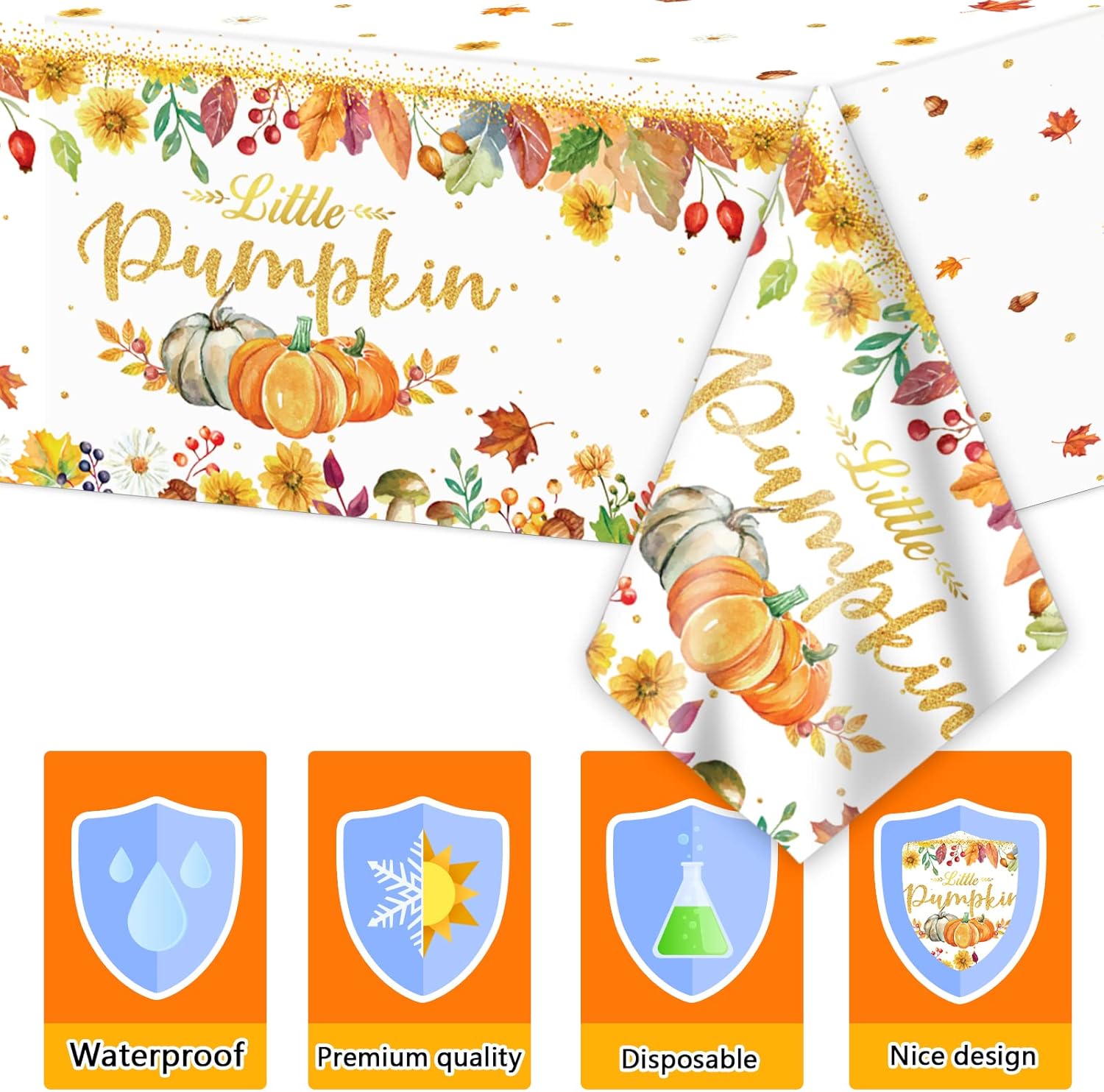 Paquete de 3 manteles de calabaza pequeña con temática de otoño, decoraciones de fiesta de baby shower para niños y niñas, suministros de fiesta de